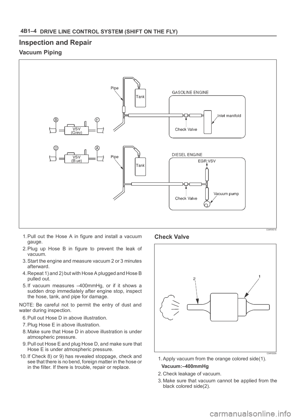 OPEL FRONTERA 1998 Repair Manual 4B1–4
DRIVE LINE CONTROL SYSTEM (SHIFT ON THE FLY)
Inspection and Repair
Va c u u m P i p i n g
C04RW016
1. Pull out the Hose A in figure and install a vacuum
gauge.
2. Plug up Hose B OPEL FRONTERA 1998 Repair Manual 4B1–4
DRIVE LINE CONTROL SYSTEM (SHIFT ON THE FLY)
Inspection and Repair
Va c u u m P i p i n g
C04RW016
1. Pull out the Hose A in figure and install a vacuum
gauge.
2. Plug up Hose B