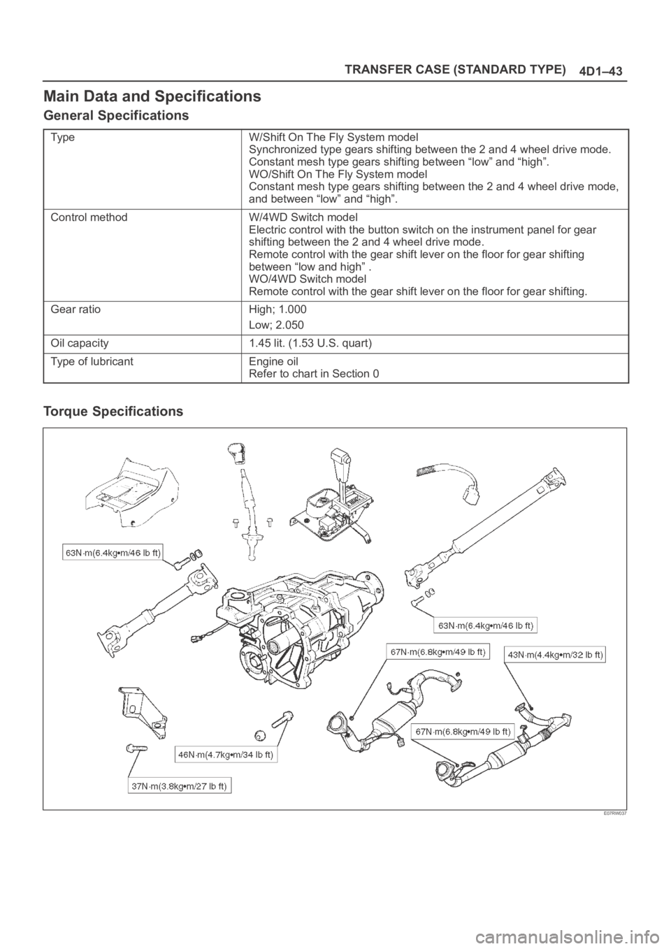 OPEL FRONTERA 1998 Workshop Manual TRANSFER CASE (STANDARD TYPE)
4D1–43
Main Data and Specifications
General Specifications
Ty p eW/Shift On The Fly System model
Synchronized type gears shifting between the 2 and 4 wheel drive mode.
OPEL FRONTERA 1998 Workshop Manual TRANSFER CASE (STANDARD TYPE)
4D1–43
Main Data and Specifications
General Specifications
Ty p eW/Shift On The Fly System model
Synchronized type gears shifting between the 2 and 4 wheel drive mode.