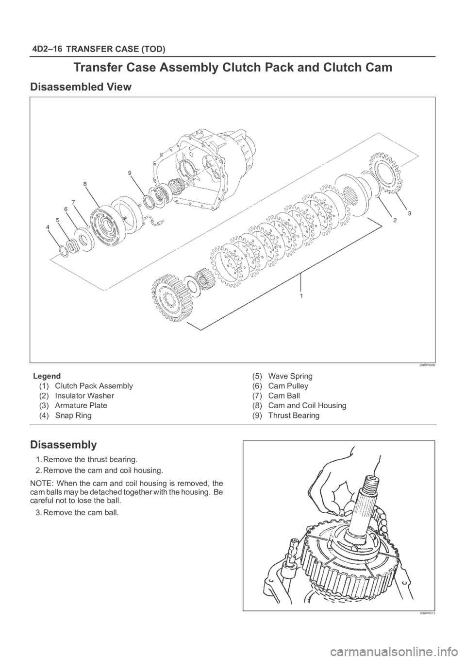 OPEL FRONTERA 1998  Workshop Manual 4D2–16
TRANSFER CASE (TOD)
Transfer Case Assembly Clutch Pack and Clutch Cam
Disassembled View
266RW006
Legend
(1) Clutch Pack Assembly
(2) Insulator Washer
(3) Armature Plate
(4) Snap Ring(5) Wave 