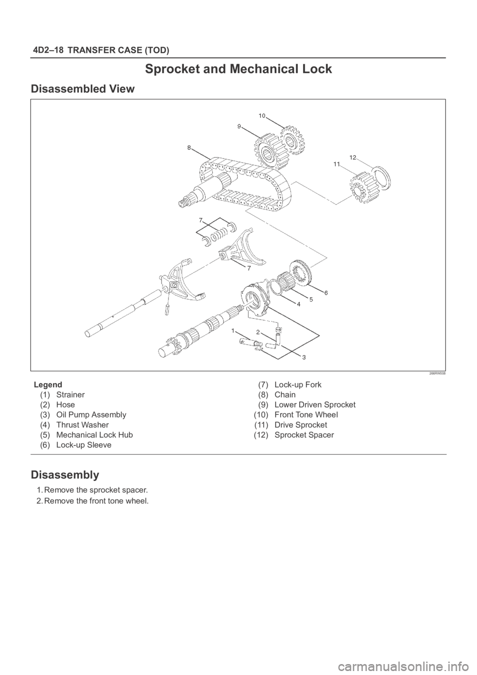 OPEL FRONTERA 1998  Workshop Manual 4D2–18
TRANSFER CASE (TOD)
Sprocket and Mechanical Lock
Disassembled View
266RW008
Legend
(1) Strainer
(2) Hose
(3) Oil Pump Assembly
(4) Thrust Washer
(5) Mechanical Lock Hub
(6) Lock-up Sleeve(7) 