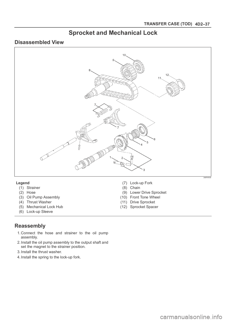 OPEL FRONTERA 1998  Workshop Manual 4D2–37 TRANSFER CASE (TOD)
Sprocket and Mechanical Lock
Disassembled View
266RW008
Legend
(1) Strainer
(2) Hose
(3) Oil Pump Assembly
(4) Thrust Washer
(5) Mechanical Lock Hub
(6) Lock-up Sleeve(7) 