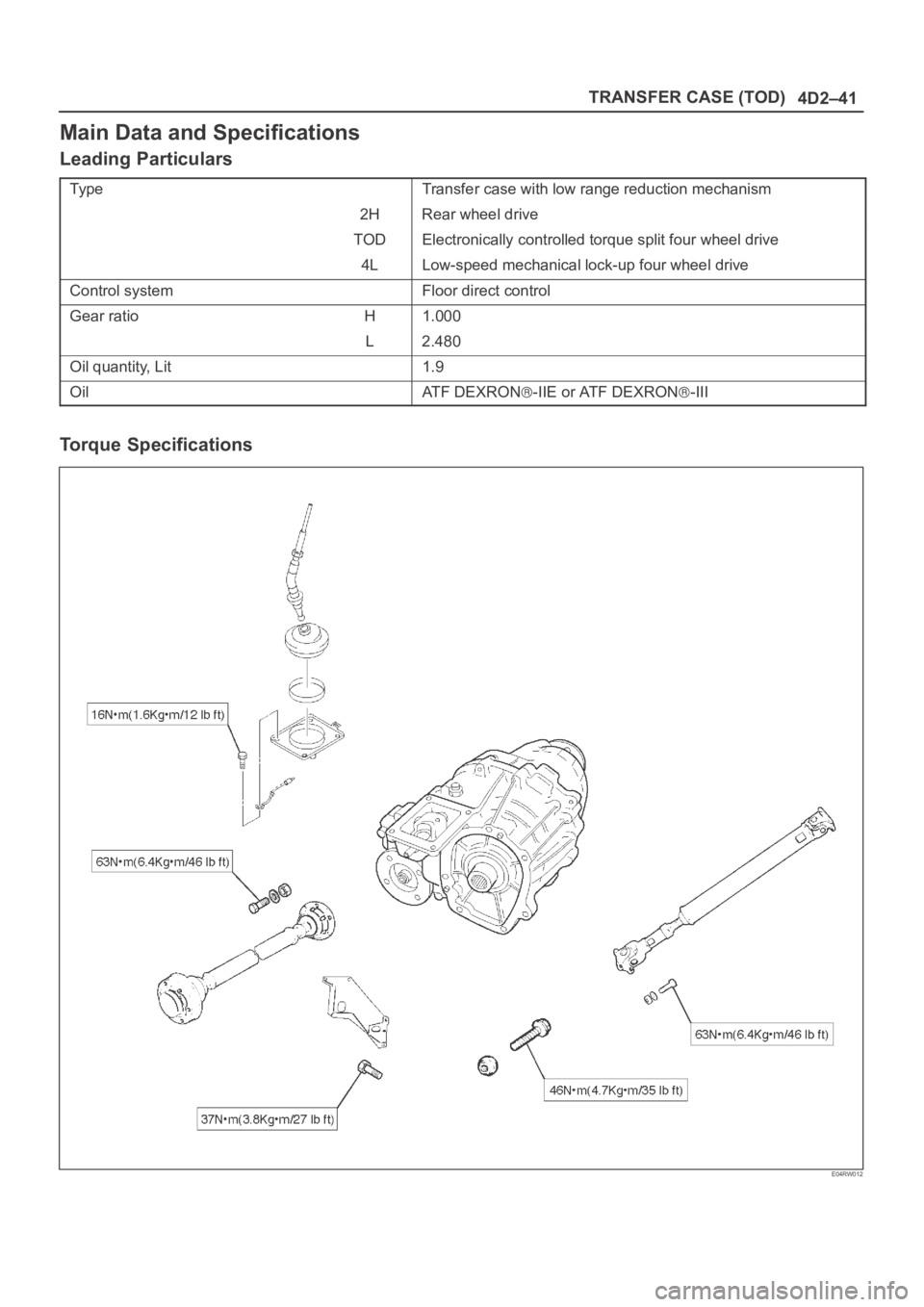 OPEL FRONTERA 1998  Workshop Manual 4D2–41 TRANSFER CASE (TOD)
Main Data and Specifications
Leading Particulars
Ty p eTransfer case with low range reduction mechanism
2H Rear wheel drive
TOD Electronically controlled torque split four