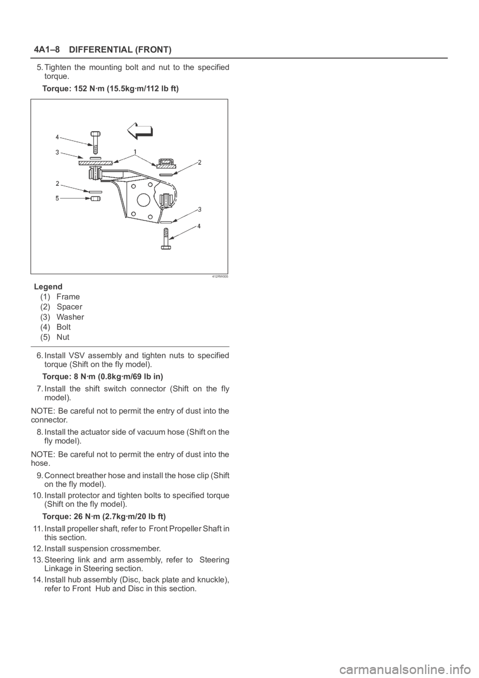 OPEL FRONTERA 1998  Workshop Manual DIFFERENTIAL (FRONT) 4A1–8
5. Tighten  the  mounting  bolt  and  nut  to  the  specified
torque.
Torque: 152 Nꞏm (15.5kgꞏm/112 lb ft)
412RW005
Legend
(1) Frame
(2) Spacer
(3) Washer
(4) Bolt
(5)