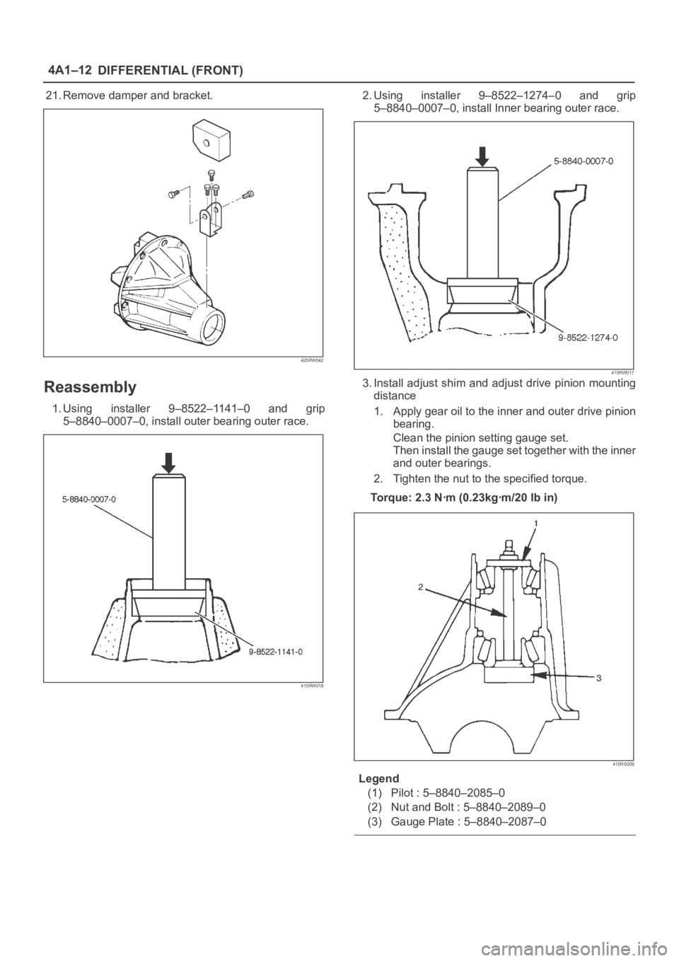 OPEL FRONTERA 1998 User Guide DIFFERENTIAL (FRONT) 4A1–12
21. Remove damper and bracket.
425RW042
Reassembly
1. Using installer 9–8522–1141–0 and grip
5–8840–0007–0, install outer bearing outer race.
415RW018
2. OPEL FRONTERA 1998 User Guide DIFFERENTIAL (FRONT) 4A1–12
21. Remove damper and bracket.
425RW042
Reassembly
1. Using installer 9–8522–1141–0 and grip
5–8840–0007–0, install outer bearing outer race.
415RW018
2.