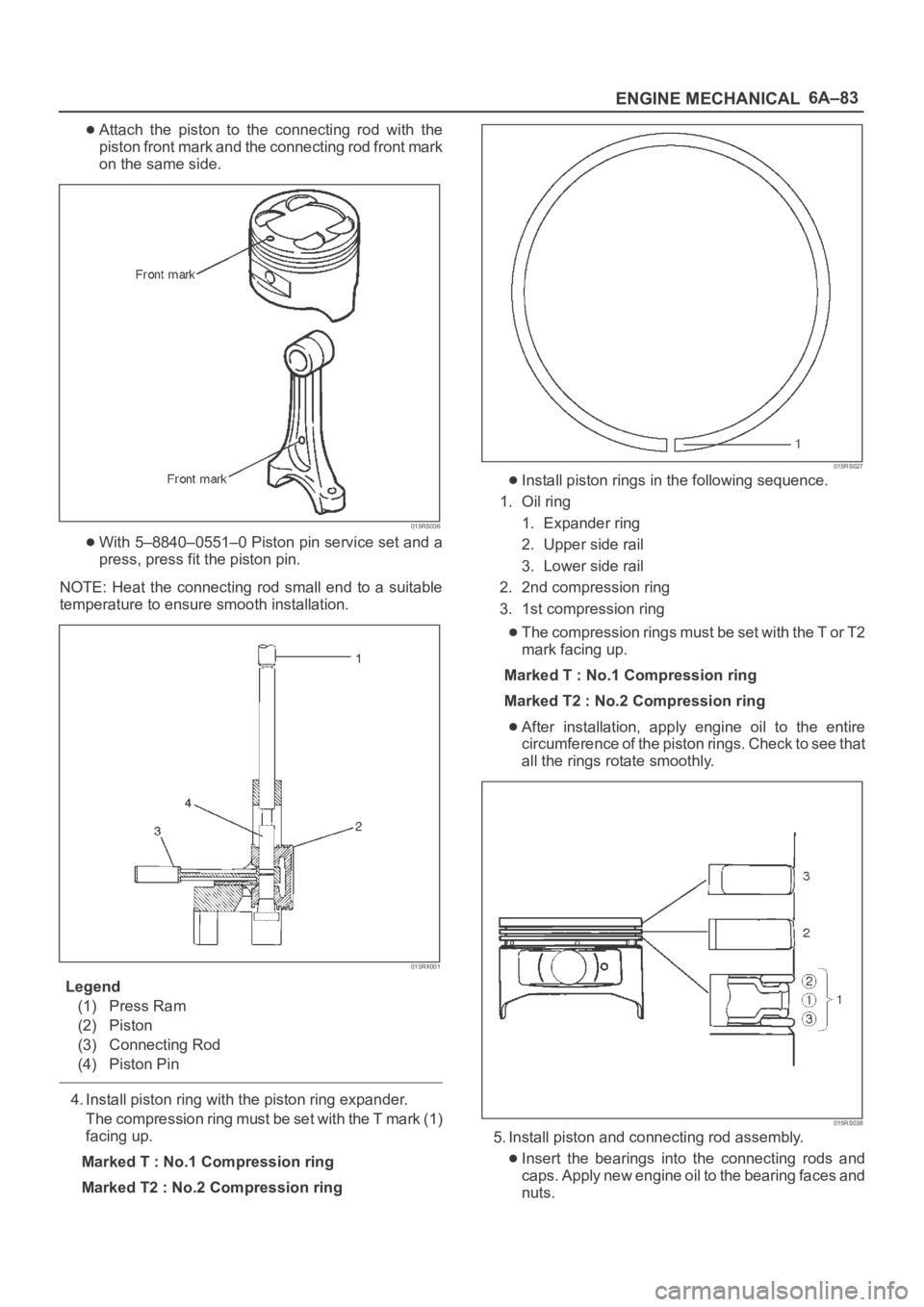 OPEL FRONTERA 1998 Workshop Manual 6A–83
ENGINE MECHANICAL
Attach the piston to the connecting rod with the
piston front mark and the connecting rod front mark
on the same side.
015RS036
With 5–8840–0551–0 Piston pin se OPEL FRONTERA 1998 Workshop Manual 6A–83
ENGINE MECHANICAL
Attach the piston to the connecting rod with the
piston front mark and the connecting rod front mark
on the same side.
015RS036
With 5–8840–0551–0 Piston pin se