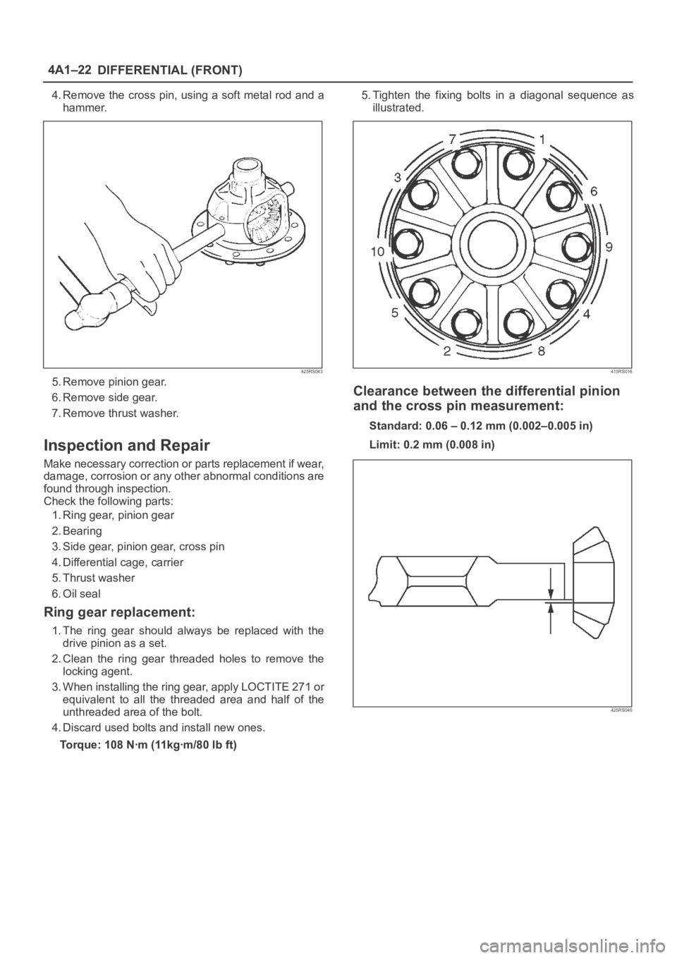 OPEL FRONTERA 1998 Workshop Manual DIFFERENTIAL (FRONT) 4A1–22
4. Remove the cross pin, using a soft metal rod and a
hammer.
425RS043
5. Remove pinion gear.
6. Remove side gear.
7. Remove thrust washer.
Inspection and Repair
Make nec OPEL FRONTERA 1998 Workshop Manual DIFFERENTIAL (FRONT) 4A1–22
4. Remove the cross pin, using a soft metal rod and a
hammer.
425RS043
5. Remove pinion gear.
6. Remove side gear.
7. Remove thrust washer.
Inspection and Repair
Make nec