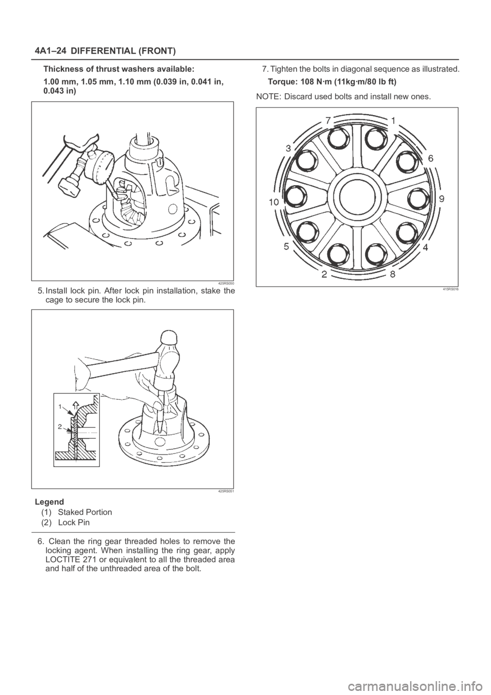 OPEL FRONTERA 1998 User Guide DIFFERENTIAL (FRONT) 4A1–24
Thickness of thrust washers available:
1.00 mm, 1.05 mm, 1.10 mm (0.039 in, 0.041 in,
0.043 in)
425RS050
5. Install lock pin. After lock pin installation, stake th OPEL FRONTERA 1998 User Guide DIFFERENTIAL (FRONT) 4A1–24
Thickness of thrust washers available:
1.00 mm, 1.05 mm, 1.10 mm (0.039 in, 0.041 in,
0.043 in)
425RS050
5. Install lock pin. After lock pin installation, stake th