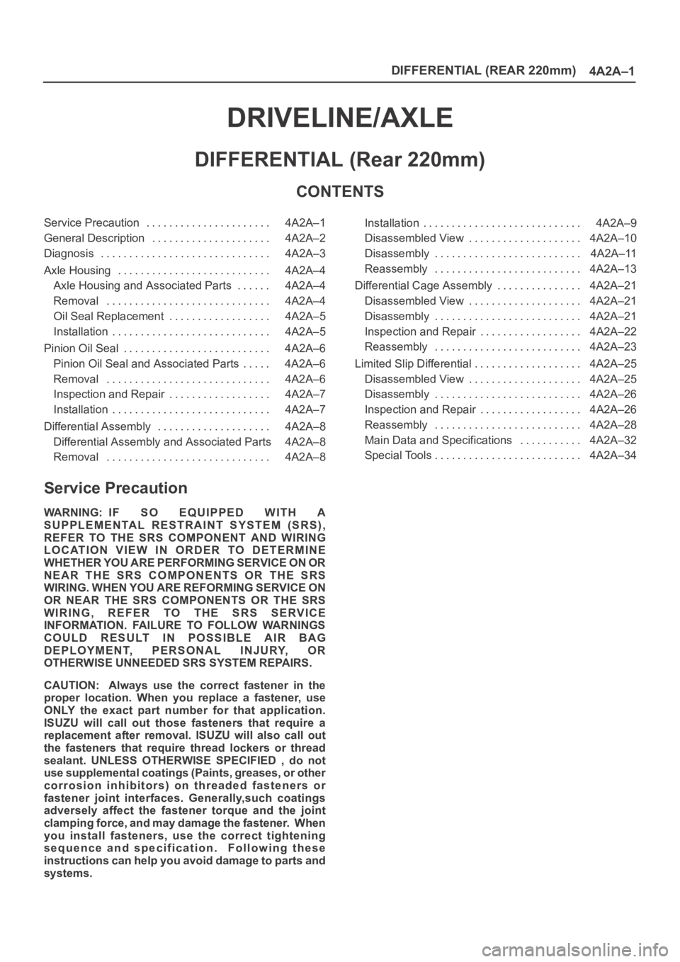 OPEL FRONTERA 1998 User Guide DIFFERENTIAL (REAR 220mm)
4A2A–1
DRIVELINE/AXLE
DIFFERENTIAL (Rear 220mm)
CONTENTS
Service Precaution 4A2A–1. . . . . . . . . . . . . . . . . . . . . .
General Description 4A2A–2. . . . . . . . OPEL FRONTERA 1998 User Guide DIFFERENTIAL (REAR 220mm)
4A2A–1
DRIVELINE/AXLE
DIFFERENTIAL (Rear 220mm)
CONTENTS
Service Precaution 4A2A–1. . . . . . . . . . . . . . . . . . . . . .
General Description 4A2A–2. . . . . . . .