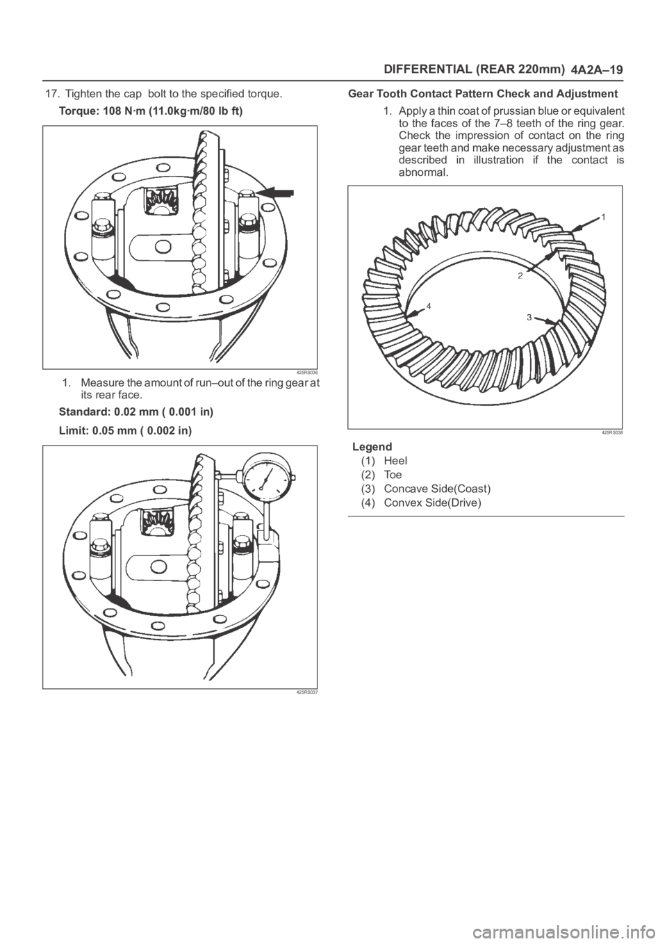 OPEL FRONTERA 1998  Workshop Manual DIFFERENTIAL (REAR 220mm)
4A2A–19
17.  Tighten the cap  bolt to the specified torque.
Torque: 108 Nꞏm (11.0kgꞏm/80 lb ft)
425RS036
1. Measure the amount of run–out of the ring gear at
its rear