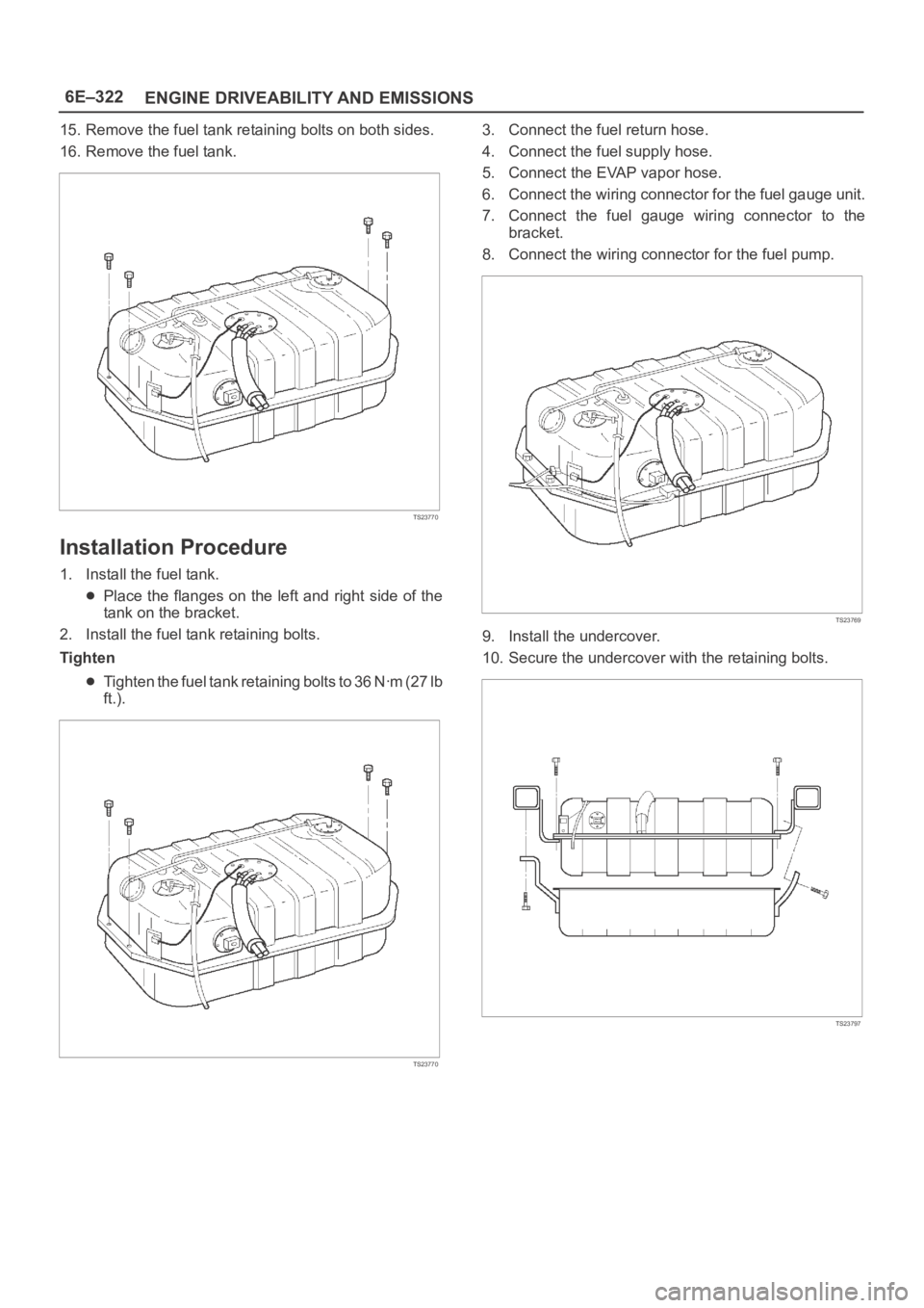 OPEL FRONTERA 1998 Workshop Manual 6E–322
ENGINE DRIVEABILITY AND EMISSIONS
15. Remove the fuel tank retaining bolts on both sides.
16. Remove the fuel tank.
TS23770
Installation Procedure
1. Install the fuel tank.
Place the flanges OPEL FRONTERA 1998 Workshop Manual 6E–322
ENGINE DRIVEABILITY AND EMISSIONS
15. Remove the fuel tank retaining bolts on both sides.
16. Remove the fuel tank.
TS23770
Installation Procedure
1. Install the fuel tank.
Place the flanges