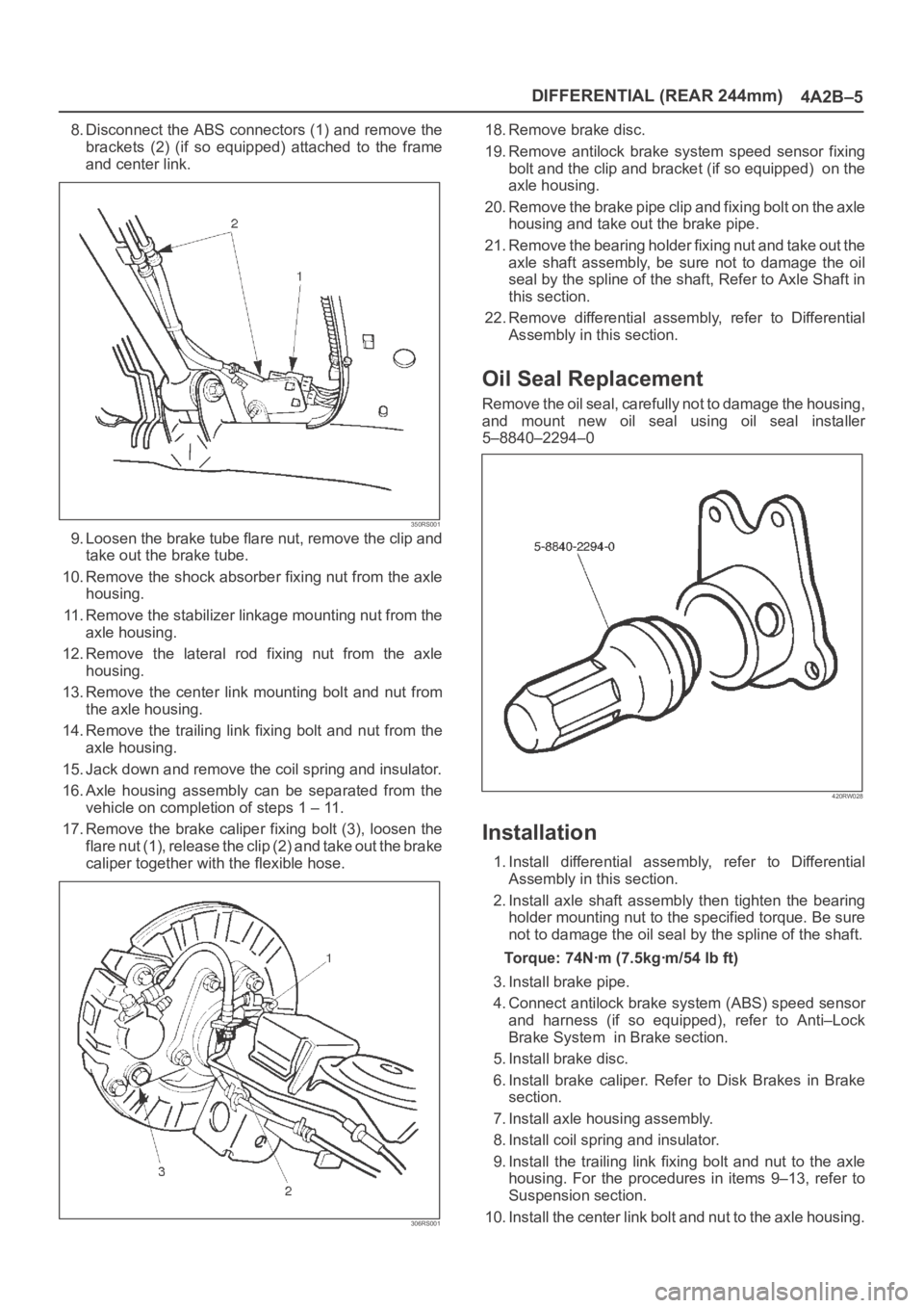 OPEL FRONTERA 1998 Owners Guide DIFFERENTIAL (REAR 244mm)
4A2B–5
8. Disconnect the ABS connectors (1) and remove the
brackets (2) (if so equipped) attached to the frame
and center link.
350RS001
9. Loosen the brake tube fl OPEL FRONTERA 1998 Owners Guide DIFFERENTIAL (REAR 244mm)
4A2B–5
8. Disconnect the ABS connectors (1) and remove the
brackets (2) (if so equipped) attached to the frame
and center link.
350RS001
9. Loosen the brake tube fl