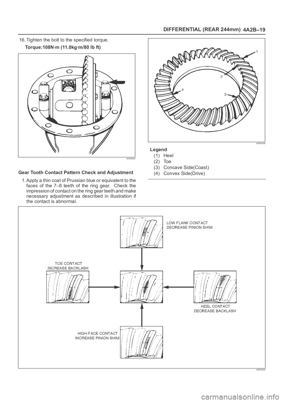 OPEL FRONTERA 1998  Workshop Manual DIFFERENTIAL (REAR 244mm)
4A2B–19
16. Tighten the bolt to the specified torque.
Torque:108Nꞏm (11.0kgꞏm/80 lb ft)
425RS036
Gear Tooth Contact Pattern Check and Adjustment
1. Apply a thin coat of