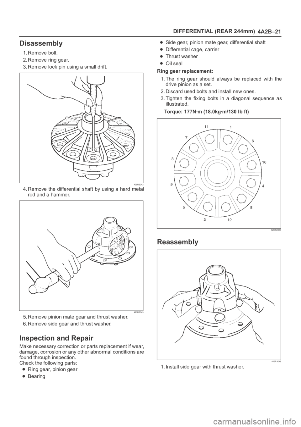 OPEL FRONTERA 1998 Owners Guide DIFFERENTIAL (REAR 244mm)
4A2B–21
Disassembly
1. Remove bolt.
2. Remove ring gear.
3. Remove lock pin using a small drift.
425RS042
4. Remove the differential shaft by using a hard metal
rod OPEL FRONTERA 1998 Owners Guide DIFFERENTIAL (REAR 244mm)
4A2B–21
Disassembly
1. Remove bolt.
2. Remove ring gear.
3. Remove lock pin using a small drift.
425RS042
4. Remove the differential shaft by using a hard metal
rod