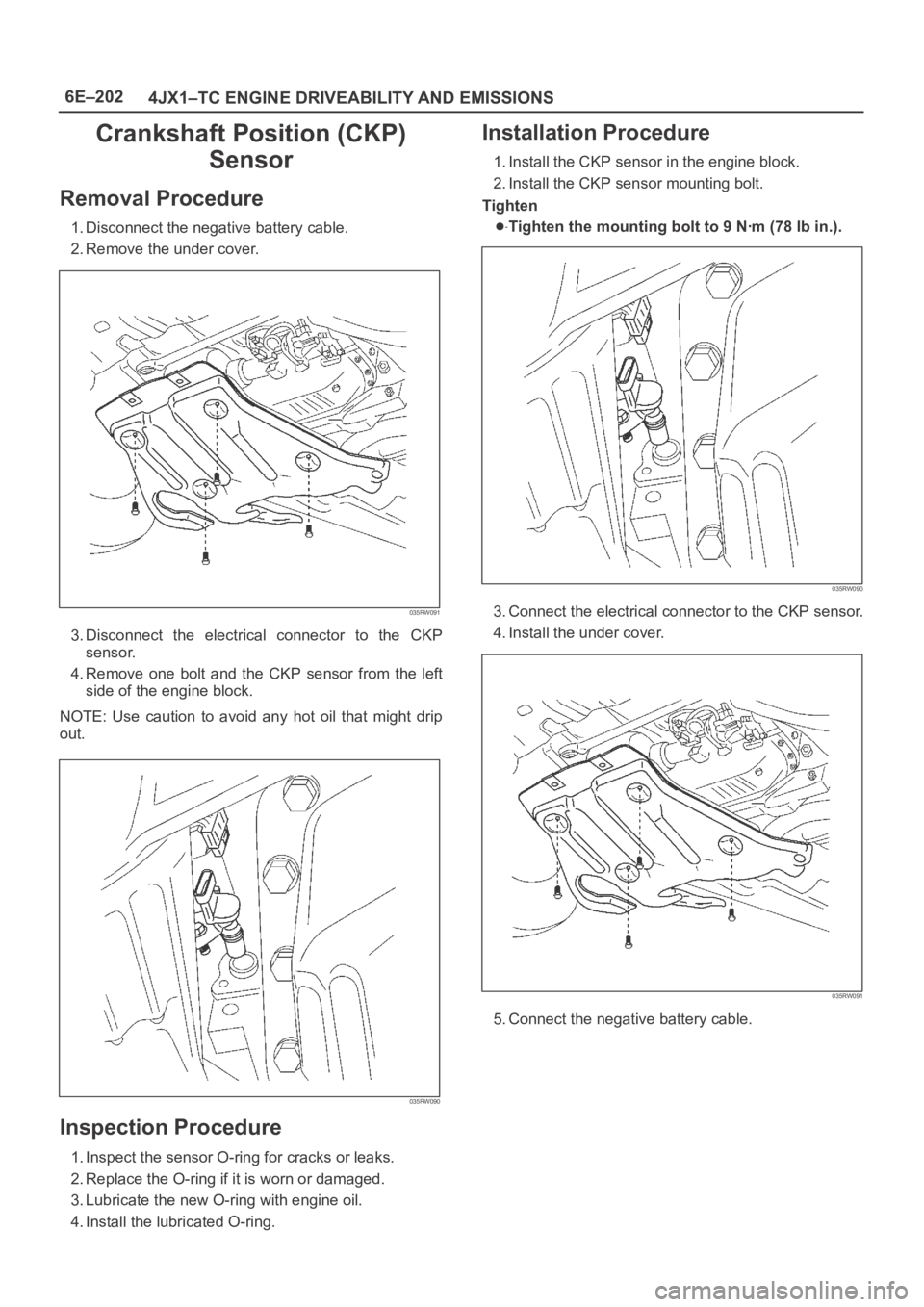 OPEL FRONTERA 1998 Workshop Manual 6E–202
4JX1–TC ENGINE DRIVEABILITY AND EMISSIONS
Crankshaft Position (CKP)
Sensor
Removal Procedure
1. Disconnect the negative battery cable.
2. Remove the under cover.
035RW091
3. Disconnect the OPEL FRONTERA 1998 Workshop Manual 6E–202
4JX1–TC ENGINE DRIVEABILITY AND EMISSIONS
Crankshaft Position (CKP)
Sensor
Removal Procedure
1. Disconnect the negative battery cable.
2. Remove the under cover.
035RW091
3. Disconnect the