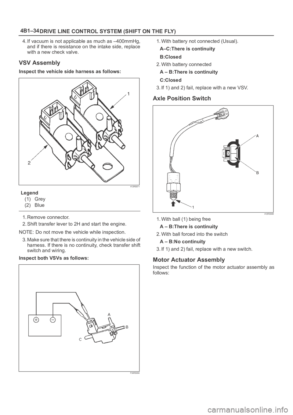 OPEL FRONTERA 1998  Workshop Manual 4B1–34
DRIVE LINE CONTROL SYSTEM (SHIFT ON THE FLY)
4. If vacuum is not applicable as much as –400mmHg,
and if there is resistance on the intake side, replace
with a new check valve.
VSV Assembly
