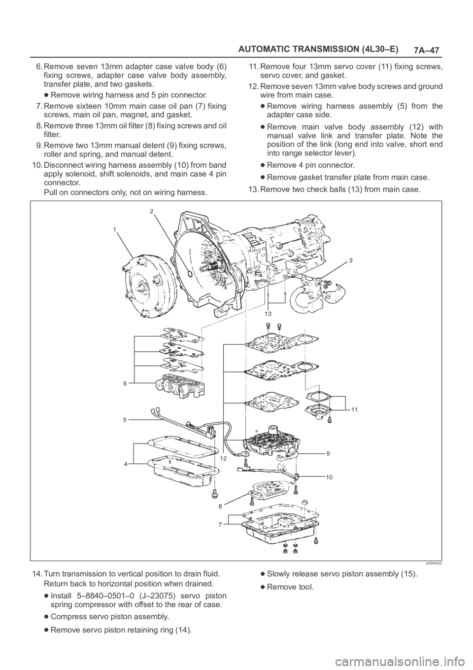OPEL FRONTERA 1998 Workshop Manual 7A–47 AUTOMATIC TRANSMISSION (4L30–E)
6. Remove seven 13mm adapter case valve body (6)
fixing screws, adapter case valve body assembly,
transfer plate, and two gaskets.
Remove wiring OPEL FRONTERA 1998 Workshop Manual 7A–47 AUTOMATIC TRANSMISSION (4L30–E)
6. Remove seven 13mm adapter case valve body (6)
fixing screws, adapter case valve body assembly,
transfer plate, and two gaskets.
Remove wiring