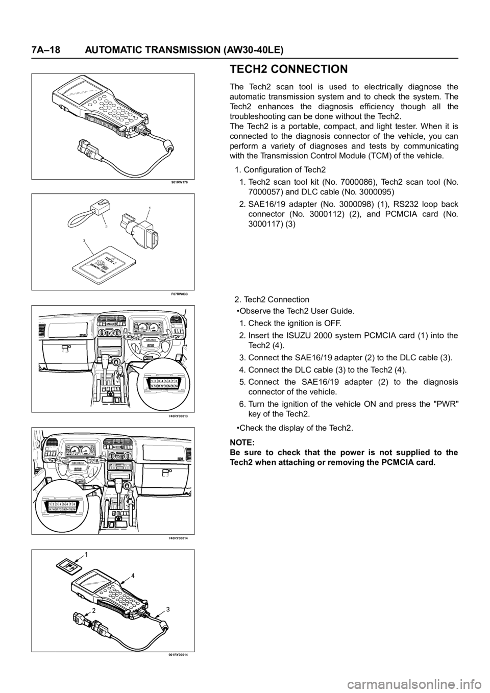OPEL FRONTERA 1998 Workshop Manual 7A–18 AUTOMATIC TRANSMISSION (AW30-40LE)
901RW176
F07RW033
740RY00013
740RY00014
901RY00014
TECH2 CONNECTION
The Tech2 scan tool is used to electrically diagnose the
automatic transmission OPEL FRONTERA 1998 Workshop Manual 7A–18 AUTOMATIC TRANSMISSION (AW30-40LE)
901RW176
F07RW033
740RY00013
740RY00014
901RY00014
TECH2 CONNECTION
The Tech2 scan tool is used to electrically diagnose the
automatic transmission