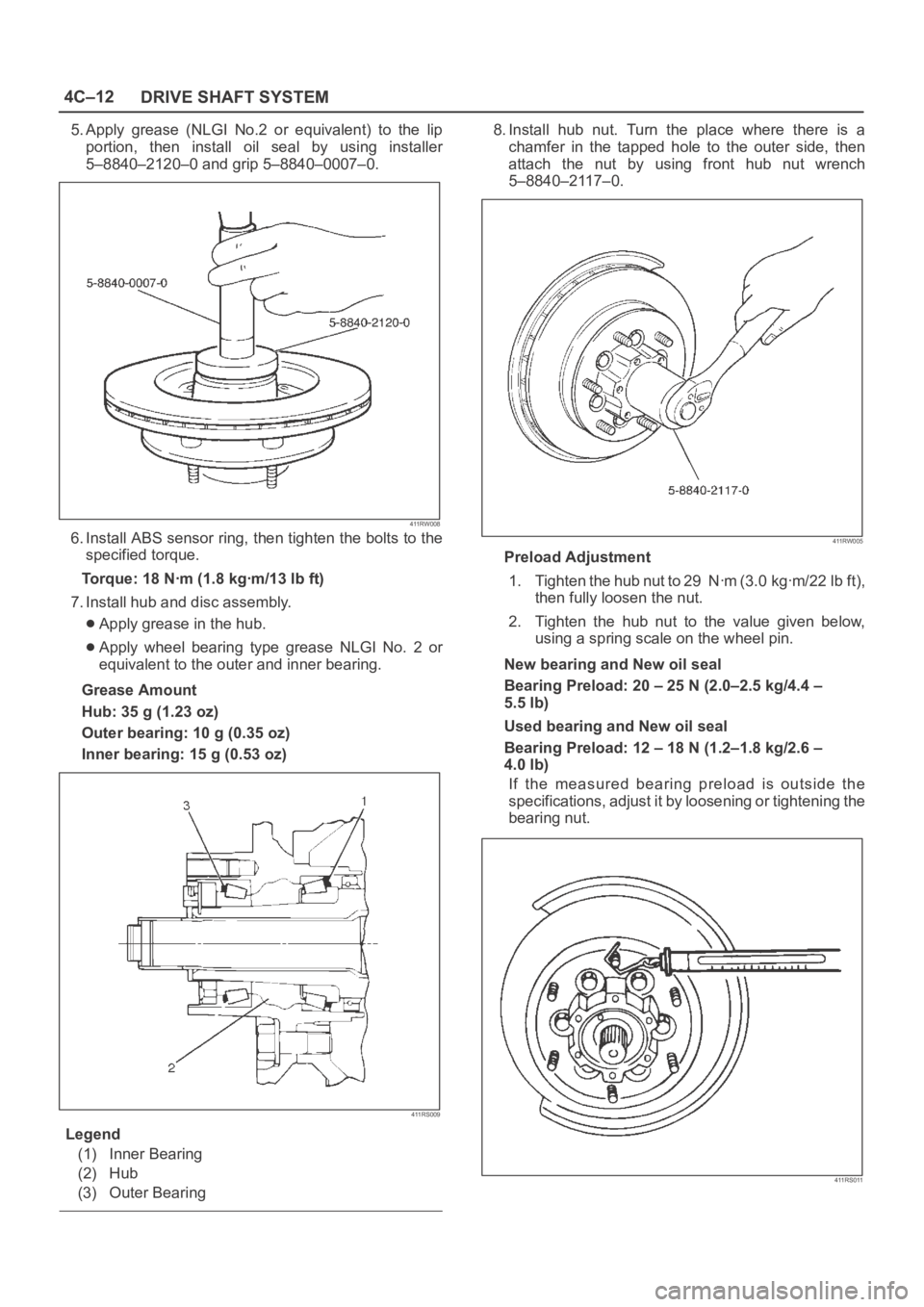 OPEL FRONTERA 1998 Service Manual 4C–12
DRIVE SHAFT SYSTEM
5. Apply grease (NLGI No.2 or equivalent) to the lip
portion, then install oil seal by using installer
5–8840–2120–0 and grip 5–8840–0007–0.
411RW0 OPEL FRONTERA 1998 Service Manual 4C–12
DRIVE SHAFT SYSTEM
5. Apply grease (NLGI No.2 or equivalent) to the lip
portion, then install oil seal by using installer
5–8840–2120–0 and grip 5–8840–0007–0.
411RW0