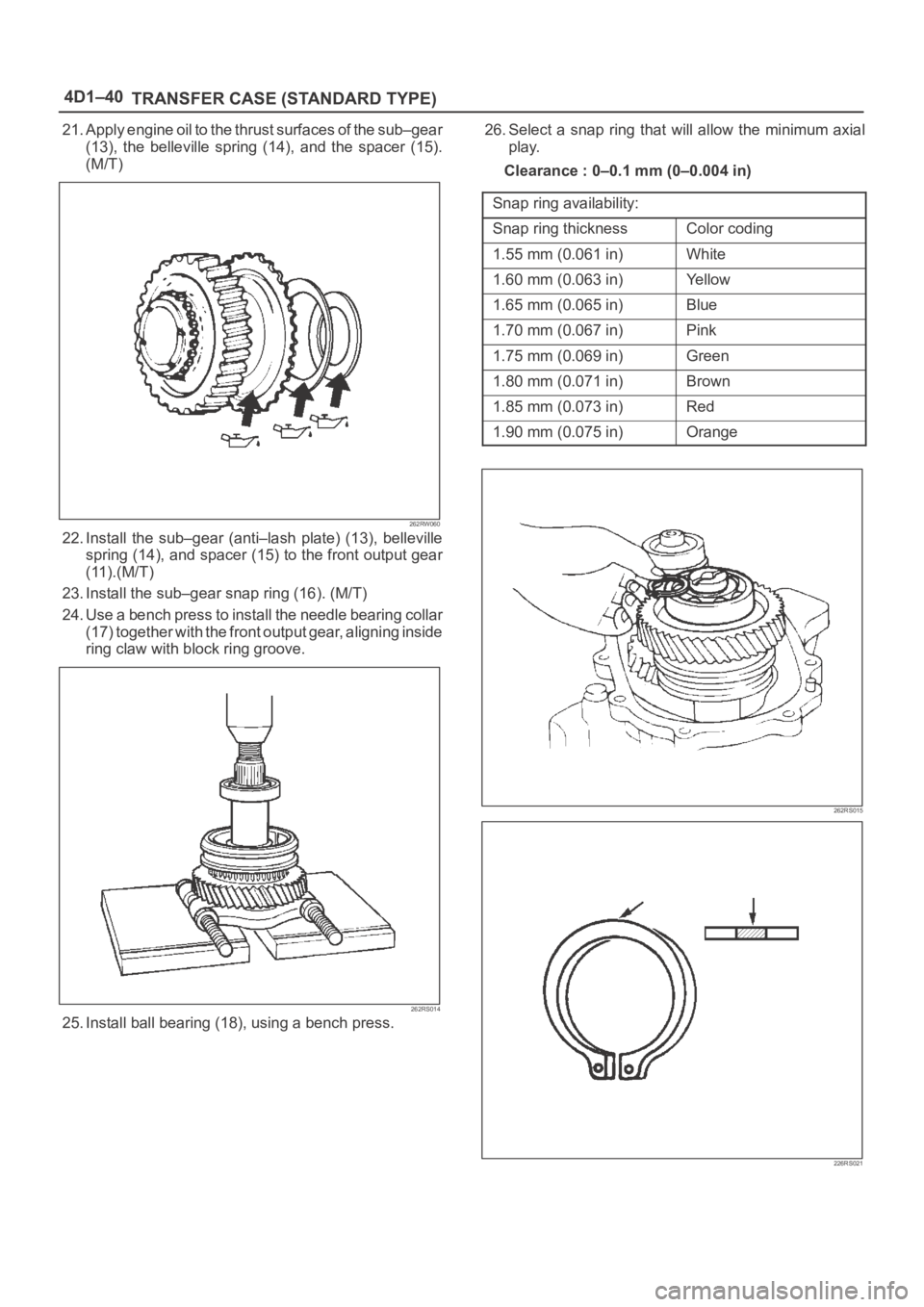 OPEL FRONTERA 1998  Workshop Manual 4D1–40
TRANSFER CASE (STANDARD TYPE)
21. Apply engine oil to the thrust surfaces of the sub–gear
(13),  the  belleville  spring  (14),  and  the  spacer  (15).
(M/T)
262RW060
22. Install  the  sub