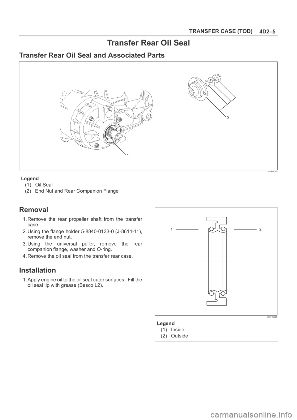 OPEL FRONTERA 1998 Service Manual 4D2–5 TRANSFER CASE (TOD)
Transfer Rear Oil Seal
Transfer Rear Oil Seal and Associated Parts
261RW005
Legend
(1) Oil Seal
(2) End Nut and Rear Companion Flange
Removal
1. Remove the rear propelle OPEL FRONTERA 1998 Service Manual 4D2–5 TRANSFER CASE (TOD)
Transfer Rear Oil Seal
Transfer Rear Oil Seal and Associated Parts
261RW005
Legend
(1) Oil Seal
(2) End Nut and Rear Companion Flange
Removal
1. Remove the rear propelle