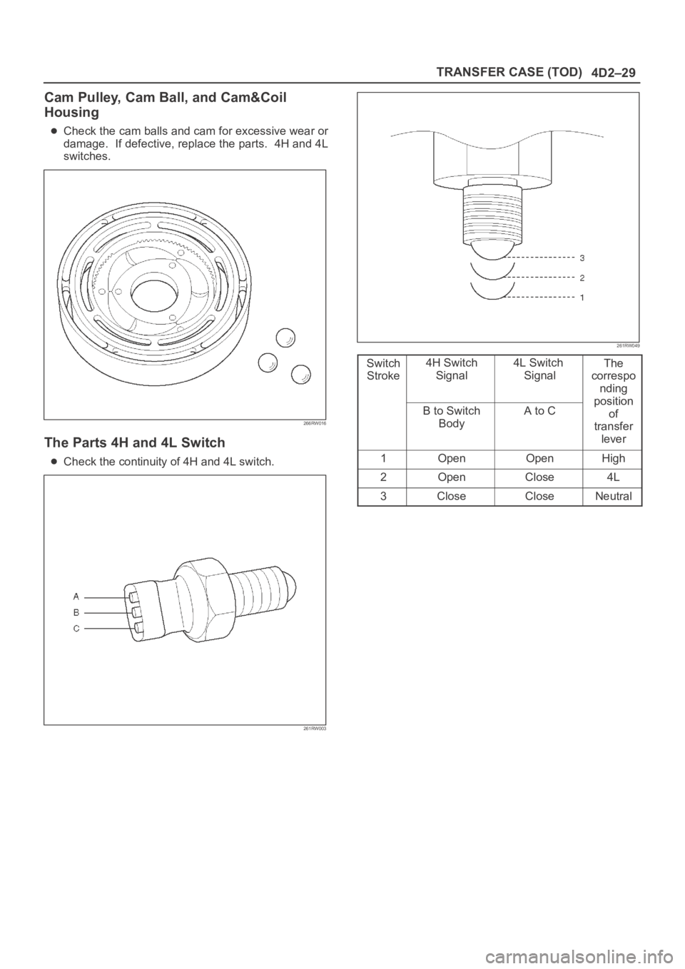 OPEL FRONTERA 1998 Workshop Manual 4D2–29 TRANSFER CASE (TOD)
Cam Pulley, Cam Ball, and Cam&Coil
Housing
Check the cam balls and cam for excessive wear or
damage. If defective, replace the parts. 4H and 4L
switches.
266RW016
The Pa OPEL FRONTERA 1998 Workshop Manual 4D2–29 TRANSFER CASE (TOD)
Cam Pulley, Cam Ball, and Cam&Coil
Housing
Check the cam balls and cam for excessive wear or
damage. If defective, replace the parts. 4H and 4L
switches.
266RW016
The Pa