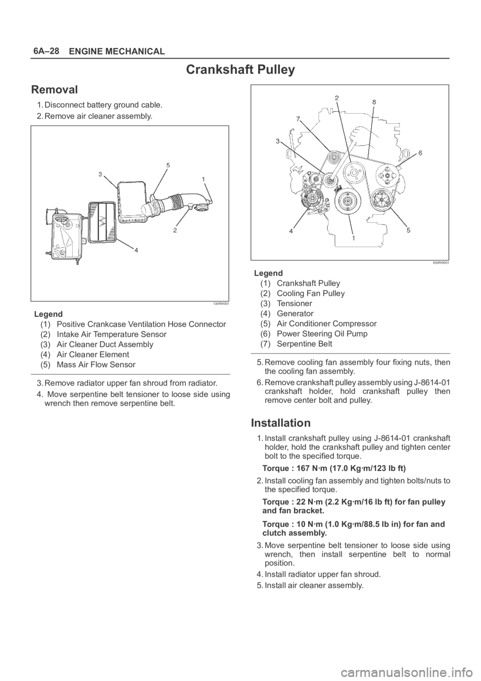 OPEL FRONTERA 1998  Workshop Manual 6A–28
ENGINE MECHANICAL
Crankshaft Pulley
Removal
1. Disconnect battery ground cable.
2. Remove air cleaner assembly.
130RW001
Legend
(1) Positive Crankcase Ventilation Hose Connector
(2) Intake Air