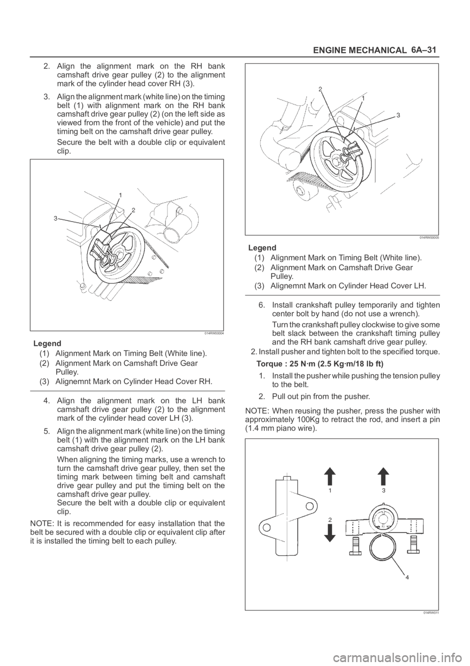 OPEL FRONTERA 1998 Manual Online 6A–31
ENGINE MECHANICAL
2. Align the alignment mark on the RH bank
camshaft drive gear pulley (2) to the alignment
mark of the cylinder head cover RH (3).
3. Align the alignment mark ( OPEL FRONTERA 1998 Manual Online 6A–31
ENGINE MECHANICAL
2. Align the alignment mark on the RH bank
camshaft drive gear pulley (2) to the alignment
mark of the cylinder head cover RH (3).
3. Align the alignment mark (
