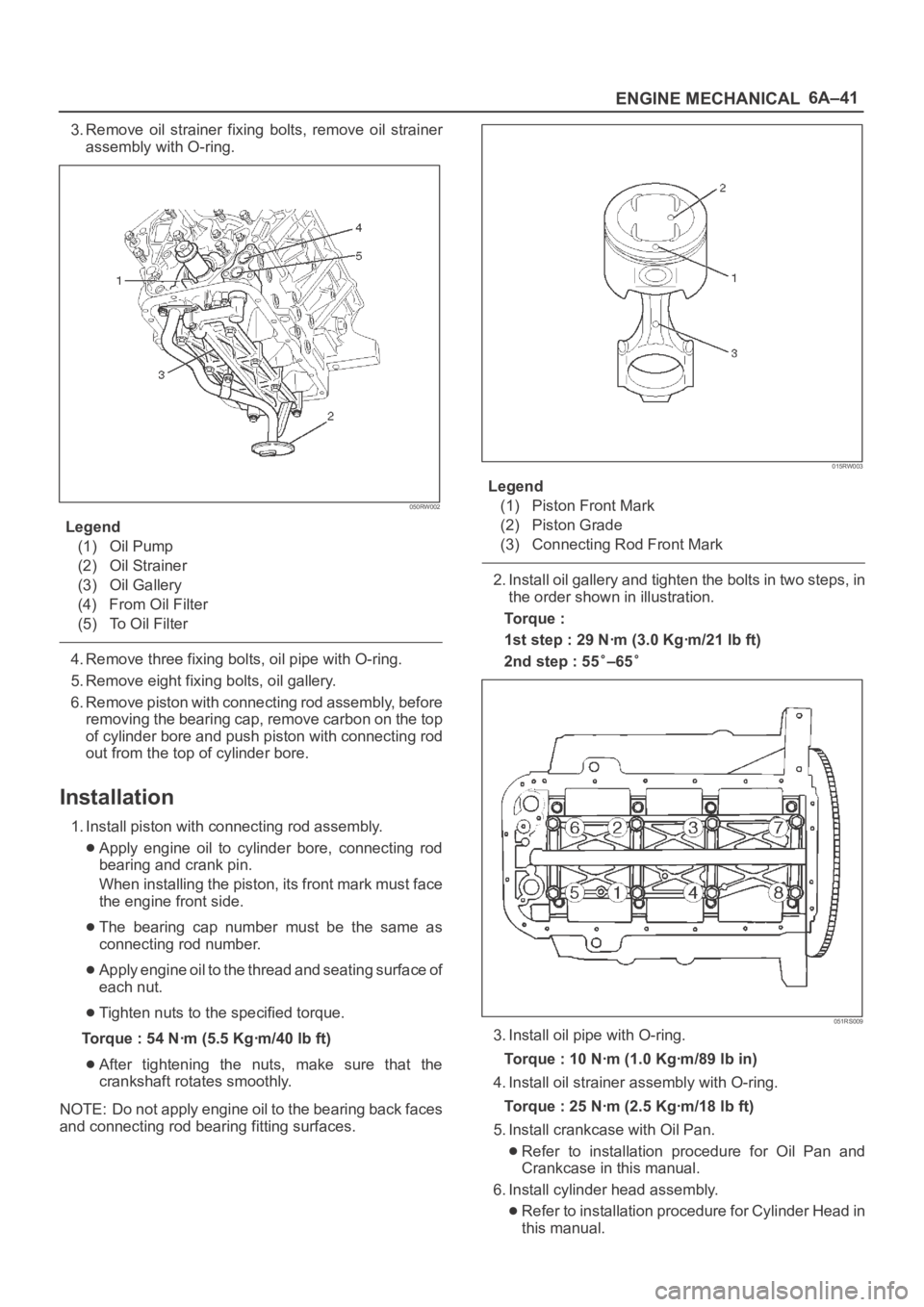 OPEL FRONTERA 1998 Owners Manual 6A–41
ENGINE MECHANICAL
3. Remove oil strainer fixing bolts, remove oil strainer
assembly with O-ring.
050RW002
Legend
(1) Oil Pump
(2) Oil Strainer
(3) Oil Gallery
(4) From Oil Filter
(5) To OPEL FRONTERA 1998 Owners Manual 6A–41
ENGINE MECHANICAL
3. Remove oil strainer fixing bolts, remove oil strainer
assembly with O-ring.
050RW002
Legend
(1) Oil Pump
(2) Oil Strainer
(3) Oil Gallery
(4) From Oil Filter
(5) To