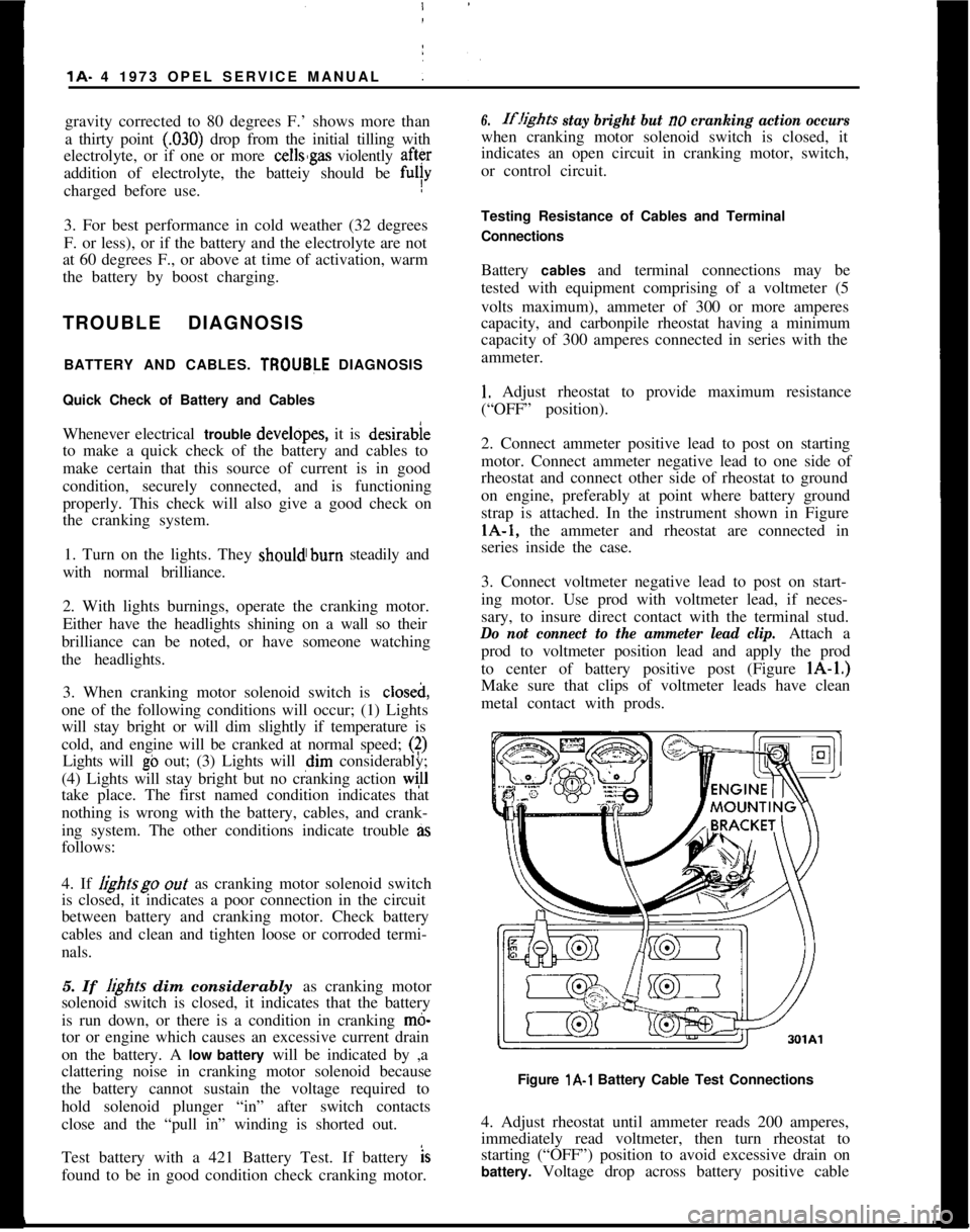 OPEL GT-R 1973 Service Manual 1A. 4 1973 OPEL SERVICE MANUAL
gravity corrected to 80 degrees F.’ shows more than
a thirty point
(.030) drop from the initial tilling with
electrolyte, or if one or more cells’gas violently afte OPEL GT-R 1973 Service Manual 1A. 4 1973 OPEL SERVICE MANUAL
gravity corrected to 80 degrees F.’ shows more than
a thirty point
(.030) drop from the initial tilling with
electrolyte, or if one or more cells’gas violently afte