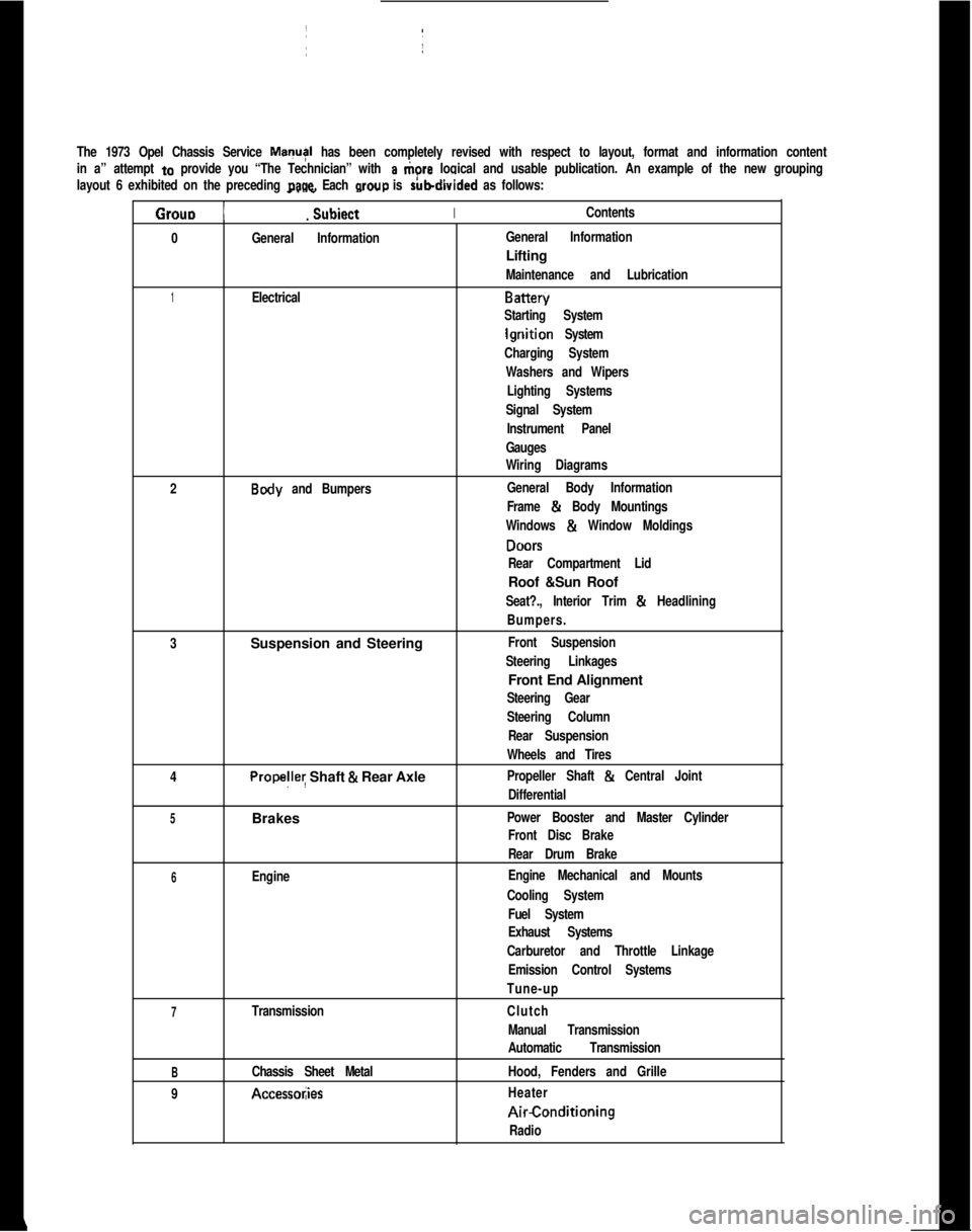 OPEL GT-R 1973  Service Manual The 1973 Opel Chassis Service MayI has been completely revised with respect to layout, format and information content
in a” attempt 
to provide you “The Technician” with a tiore logical and usab