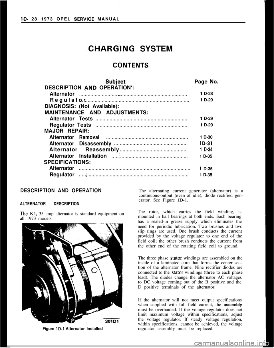 OPEL GT-R 1973 Service Manual lD- 28 1973 OPEL SERVldE MANUAL
.CHARG;ING SYSTEM
I
CQNTENTS
Subjyct’
DESCRIPTION
4ND OPERATION‘:
Alternator
. . . . . . . . . . . . . . . . . . . . . . . . . . . . . i . . . . . . . . . . . . OPEL GT-R 1973 Service Manual lD- 28 1973 OPEL SERVldE MANUAL
.CHARG;ING SYSTEM
I
CQNTENTS
Subjyct’
DESCRIPTION
4ND OPERATION‘:
Alternator
. . . . . . . . . . . . . . . . . . . . . . . . . . . . . i . . . . . . . . . . . .