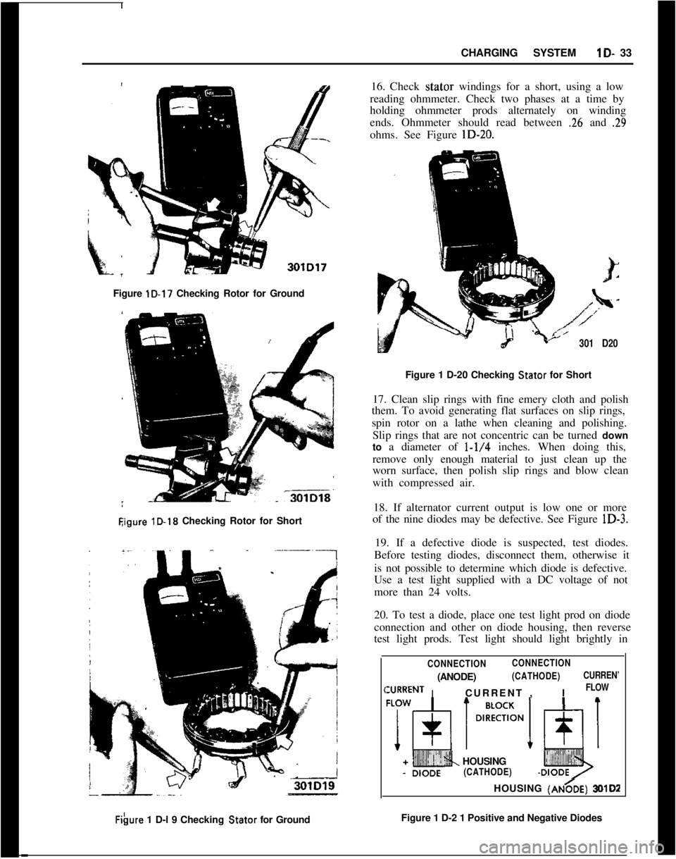 OPEL GT-R 1973 Service Manual CHARGING SYSTEMlD- 33
Figure lD-17 Checking Rotor for Ground
Eigure lD-18 Checking Rotor for ShortFibwe 1 D-l 9 Checking Stator for Ground16. Check stator windings for a short, using a low
reading ohm OPEL GT-R 1973 Service Manual CHARGING SYSTEMlD- 33
Figure lD-17 Checking Rotor for Ground
Eigure lD-18 Checking Rotor for ShortFibwe 1 D-l 9 Checking Stator for Ground16. Check stator windings for a short, using a low
reading ohm
