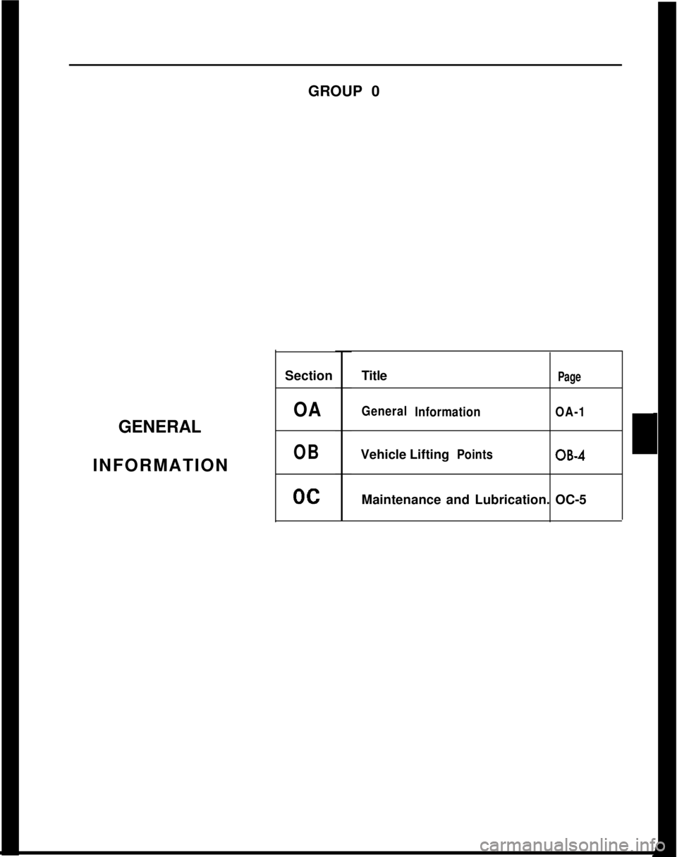 OPEL GT-R 1973  Service Manual GENERAL
INFORMATIONGROUP 0
SectionOA
OB
ocTitle
Page
General
InformationOA-1Vehicle Lifting
Points06-4Maintenance and Lubrication. OC-5 