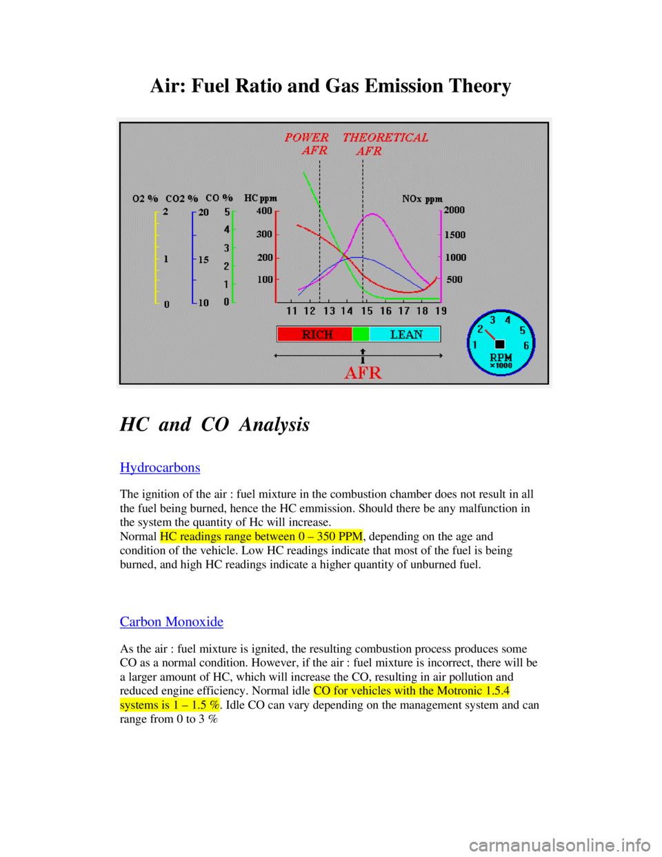 OPEL KADETT 1991  Electronic Workshop Manual Downloaded from www.Manualslib.com manuals search engine Air: Fuel Ratio and Gas Emission Theory
HC  and  CO  Analysis
HydrocarbonsThe ignition of the air : fuel mixture in the combustion chamber does