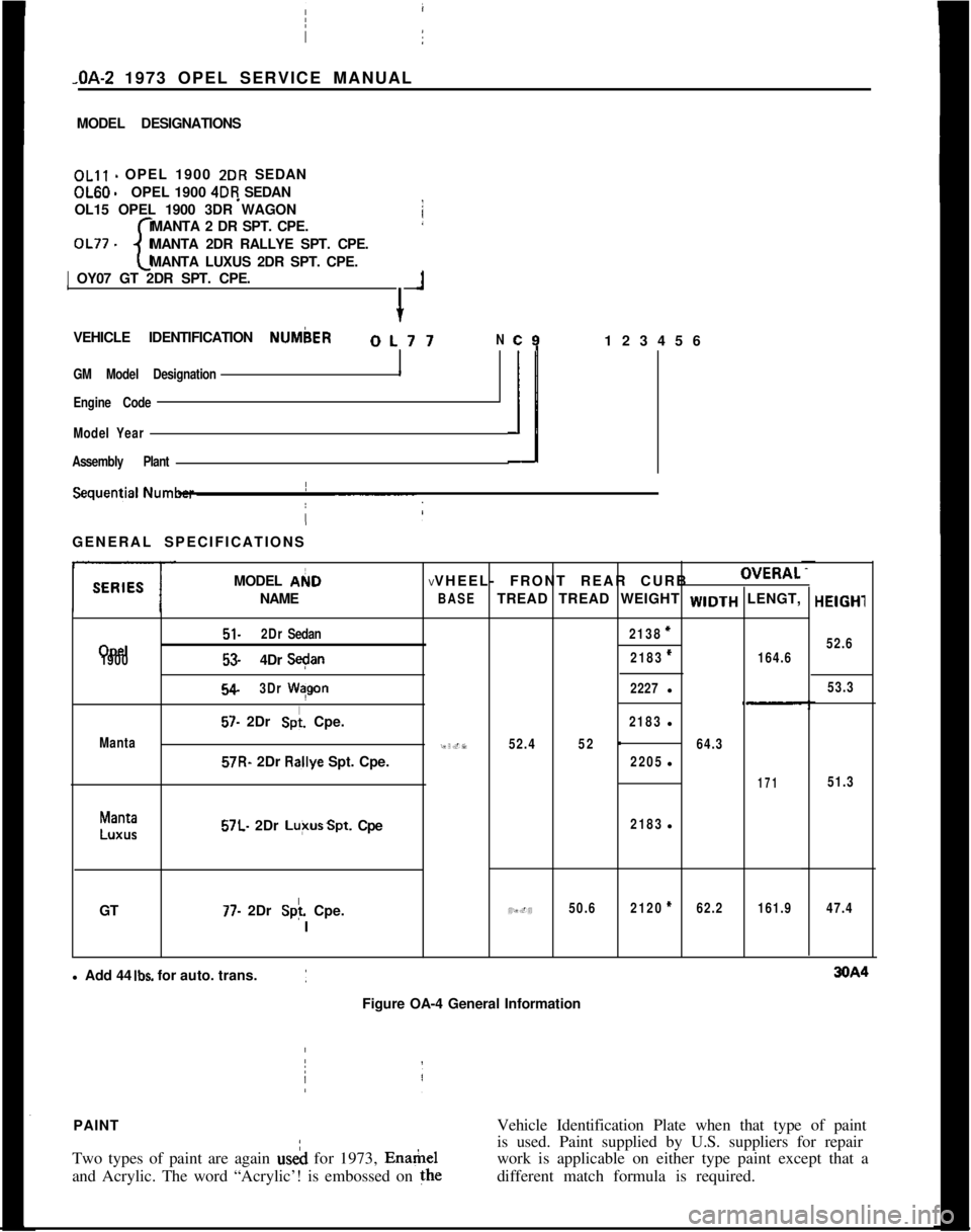 OPEL MANTA 1973 User Guide sOA- 1973 OPEL SERVICE MANUAL _
MODEL DESIGNATIONSOLll - OPEL 1900 2DR SEDANOL60
-OPEL 1900 4DR SEDAN
OL15 OPEL 1900 3DR WAGON
MANTA 2 DR SPT. CPE.
OL77 -
cMANTA 2DR RALLYE SPT. CPE.
MANTA LUXUS 2DR OPEL MANTA 1973 User Guide sOA- 1973 OPEL SERVICE MANUAL _
MODEL DESIGNATIONSOLll - OPEL 1900 2DR SEDANOL60
-OPEL 1900 4DR SEDAN
OL15 OPEL 1900 3DR WAGON
MANTA 2 DR SPT. CPE.
OL77 -
cMANTA 2DR RALLYE SPT. CPE.
MANTA LUXUS 2DR