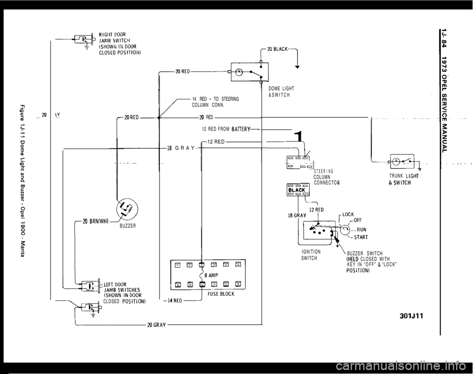 OPEL MANTA 1973 Service Manual r
2UREDp
IM
BRNIWHI
BUZZER
3 CLOSED POSlTlONl
/-
14 RED - TO STEERING
COLUMN CONN.
20 RED
12 RED FROM BATTERY--18 GRAY--12 RED
-I
J
DOME LIGHT
&SWITCH1
1
.,_ &,,,.~~
STEER I NG
COLUMN
CONNECTORTRUNK OPEL MANTA 1973 Service Manual r
2UREDp
IM
BRNIWHI
BUZZER
3 CLOSED POSlTlONl
/-
14 RED - TO STEERING
COLUMN CONN.
20 RED
12 RED FROM BATTERY--18 GRAY--12 RED
-I
J
DOME LIGHT
&SWITCH1
1
.,_ &,,,.~~
STEER I NG
COLUMN
CONNECTORTRUNK
