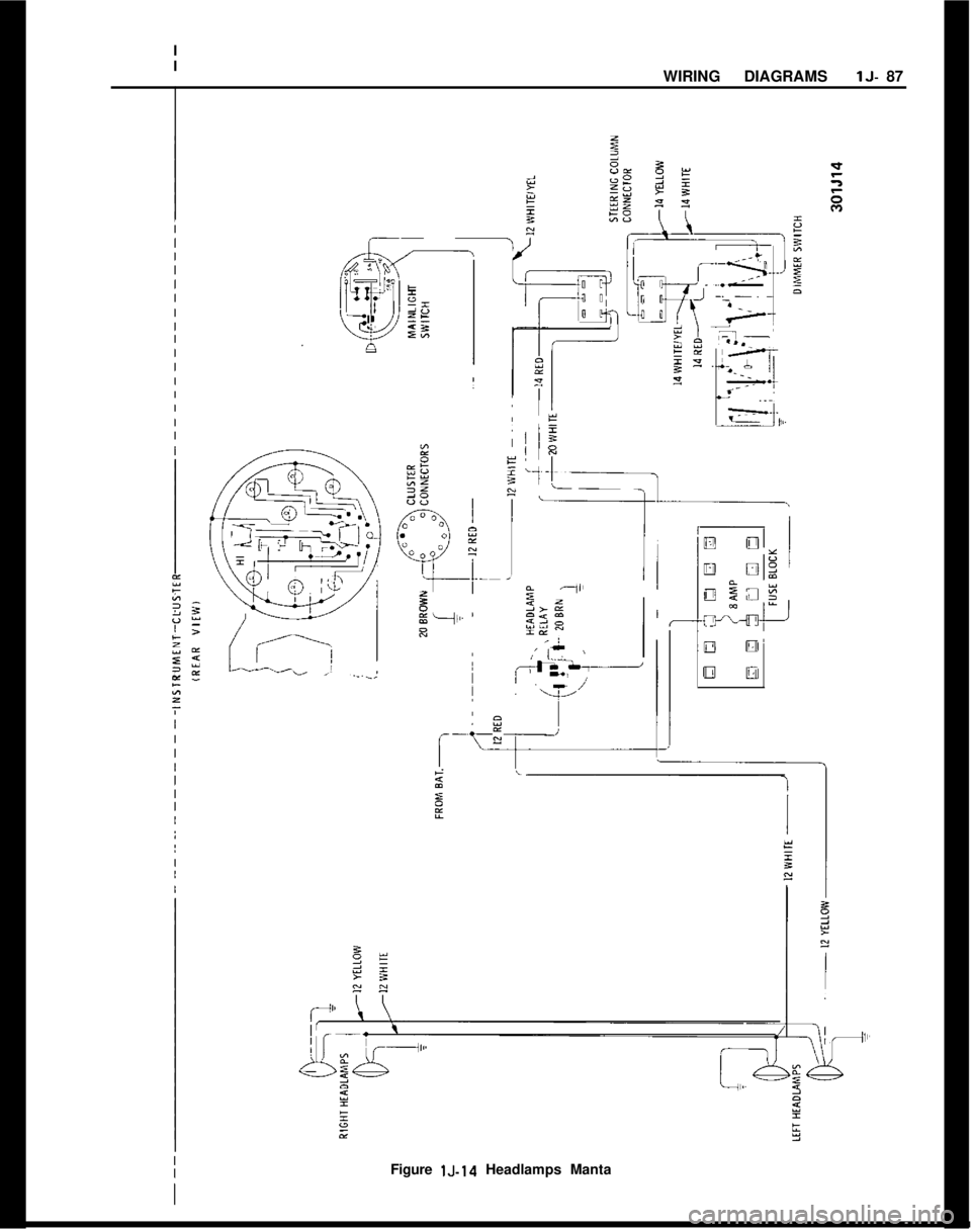 OPEL MANTA 1973 Service Manual I
I
IWIRING DIAGRAMSlJ- 87
Figure lJ-14 Headlamps Manta OPEL MANTA 1973 Service Manual I
I
IWIRING DIAGRAMSlJ- 87
Figure lJ-14 Headlamps Manta