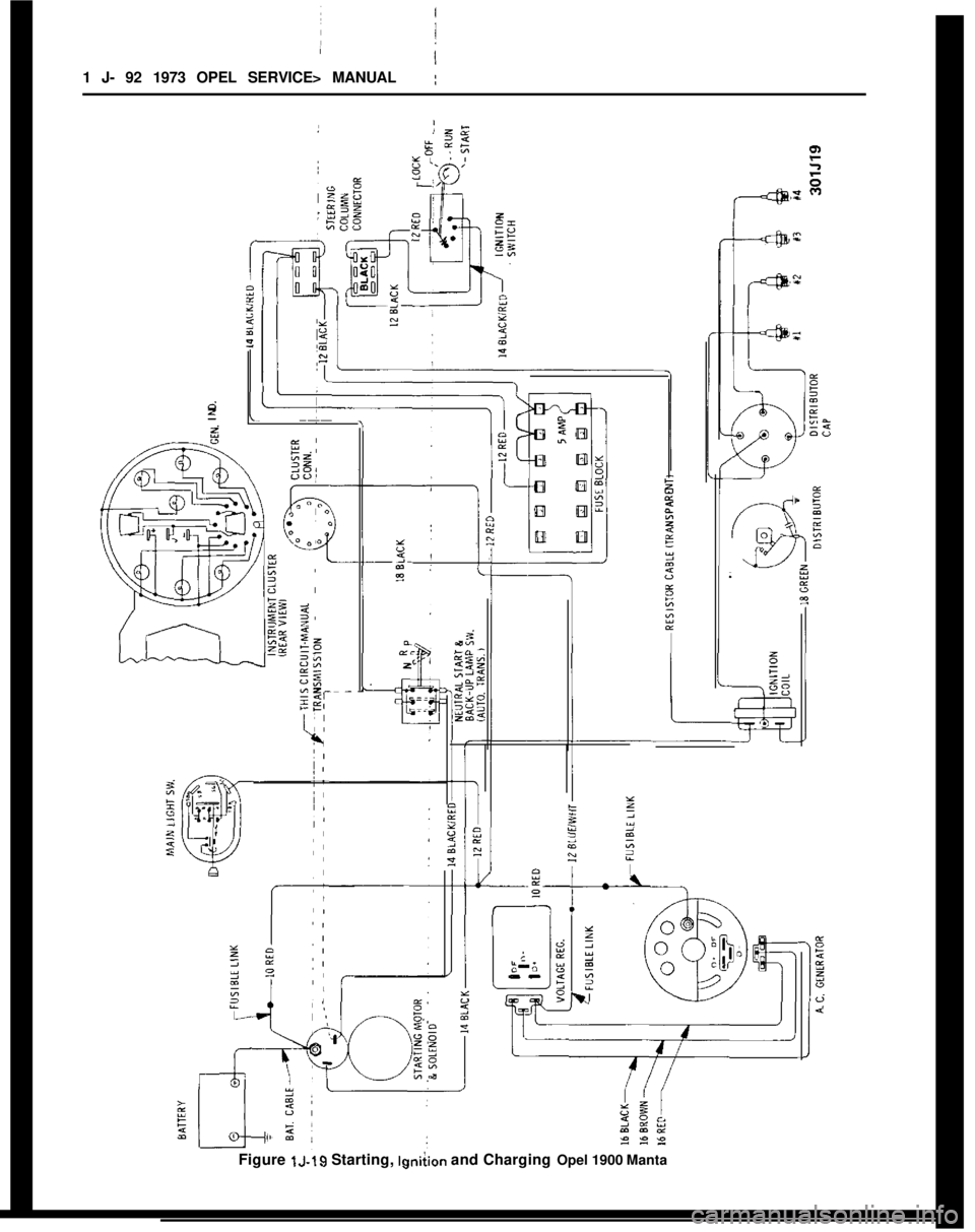 OPEL MANTA 1973 Service Manual 1 J- 92 1973 OPEL SERVICE> MANUALd5
Figure 1~19 Starting,
lgniiion and Charging Opel 1900 Manta OPEL MANTA 1973 Service Manual 1 J- 92 1973 OPEL SERVICE> MANUALd5
Figure 1~19 Starting,
lgniiion and Charging Opel 1900 Manta