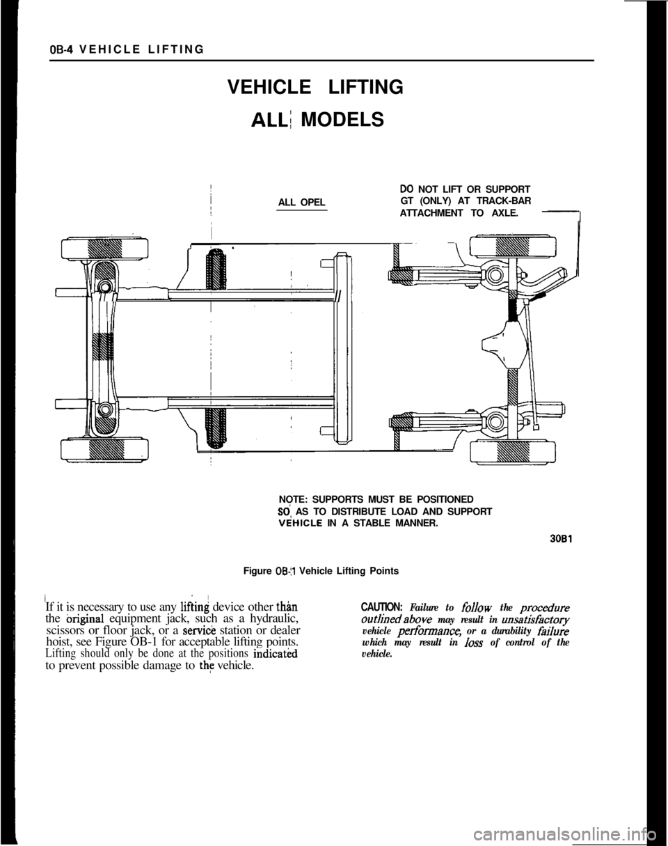 OPEL MANTA 1973 User Guide 08-4 VEHICLE LIFTING ~
~ VEHICLE LIFTING
ALL; MODELS
ALL OPEL
DO NOT LIFT OR SUPPORT
GT (ONLY) AT TRACK-BAR
ATTACHMENT TO AXLE.
i
FIT nII IINOTE: SUPPORTS MUST BE POSITIONEDSd AS TO DISTRIBUTE LOAD A OPEL MANTA 1973 User Guide 08-4 VEHICLE LIFTING ~
~ VEHICLE LIFTING
ALL; MODELS
ALL OPEL
DO NOT LIFT OR SUPPORT
GT (ONLY) AT TRACK-BAR
ATTACHMENT TO AXLE.
i
FIT nII IINOTE: SUPPORTS MUST BE POSITIONEDSd AS TO DISTRIBUTE LOAD A