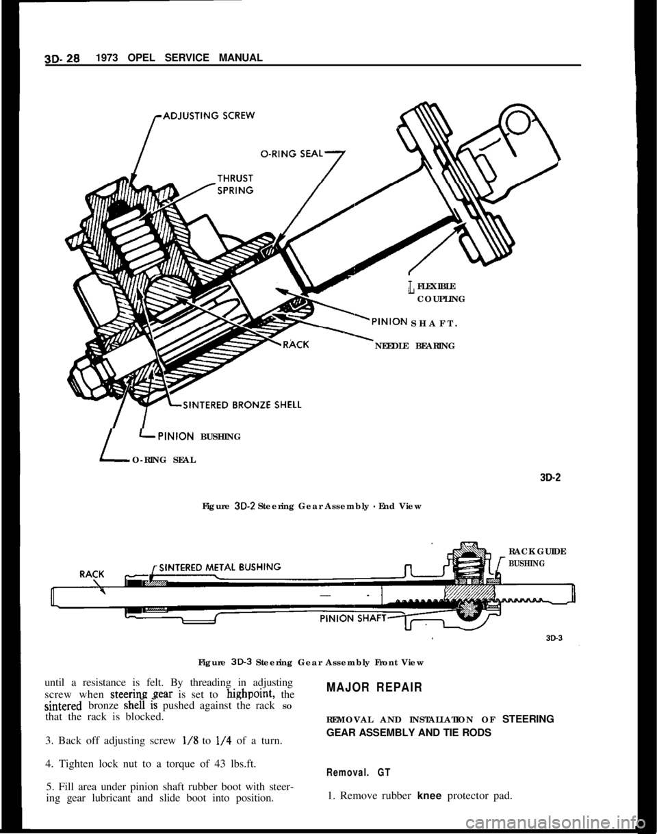 OPEL MANTA 1973  Service Manual 3D. 281973 OPEL SERVICE MANUALr
LFLEXIBLE
COUPLING
SHAFT.
NEEDLE BEARING
L
LPINION BUSHING
O-RING SEAL
Figure 
3D-2 Steering Gear Assembly - End View
3D-2RACK GUIDE
rBUSHINGFigure 
3D-3 Steering Gear 