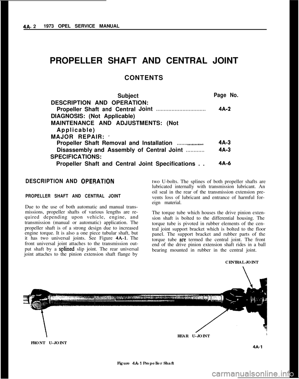 OPEL MANTA 1973 Service Manual 4A- 21973 OPEL SERVICE MANUAL
PROPELLER SHAFT AND CENTRAL JOINT
CONTENTS
Subject
DESCRIPTION AND OPERATION:
PropellerShaftandCentralJoint. . . . . . . . . . . . . . . . . . . . . . . . . . . . . . . . OPEL MANTA 1973 Service Manual 4A- 21973 OPEL SERVICE MANUAL
PROPELLER SHAFT AND CENTRAL JOINT
CONTENTS
Subject
DESCRIPTION AND OPERATION:
PropellerShaftandCentralJoint. . . . . . . . . . . . . . . . . . . . . . . . . . . . . . . .