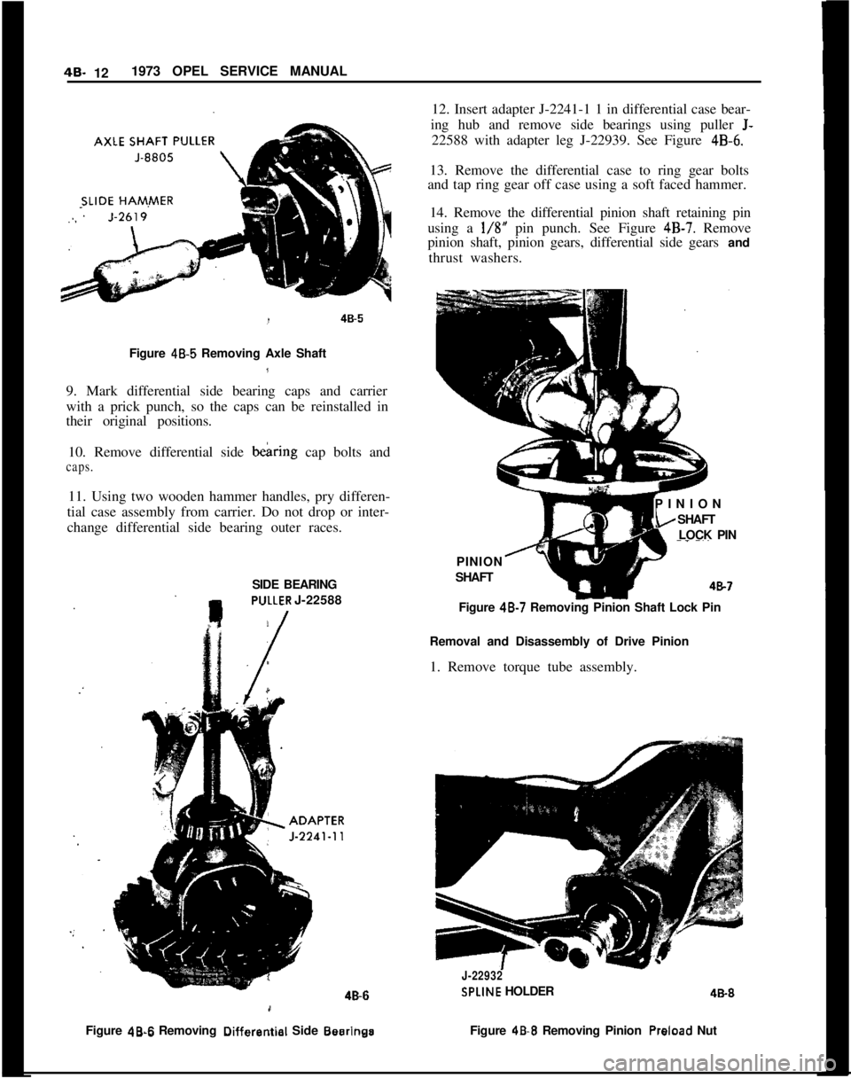 OPEL MANTA 1973 Service Manual 4S- 121973 OPEL SERVICE MANUAL
12. Insert adapter J-2241-1 1 in differential case bear-
ing hub and remove side bearings using puller J-22588 with adapter leg J-22939. See Figure
4B-6.13. Remove the OPEL MANTA 1973 Service Manual 4S- 121973 OPEL SERVICE MANUAL
12. Insert adapter J-2241-1 1 in differential case bear-
ing hub and remove side bearings using puller J-22588 with adapter leg J-22939. See Figure
4B-6.13. Remove the