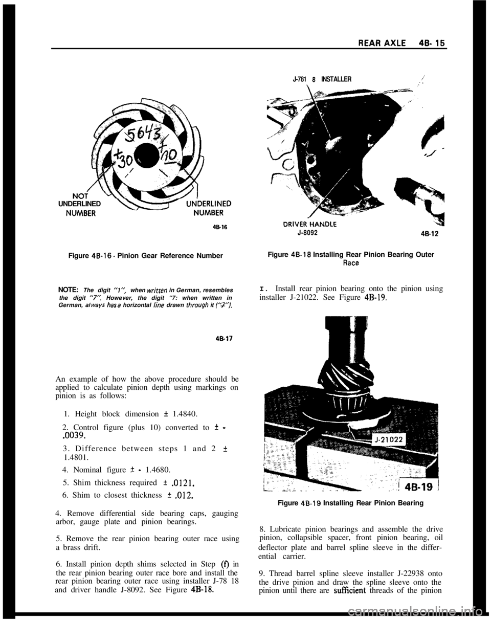 OPEL MANTA 1973 Service Manual J-781 B INSTALLERiUNDERLINED
4B16Figure 46-16
- Pinion Gear Reference Number
NOTE: The digit “1’:when written in German, resembles
the digit
“7, However, the digit “7: when written in
German OPEL MANTA 1973 Service Manual J-781 B INSTALLERiUNDERLINED
4B16Figure 46-16
- Pinion Gear Reference Number
NOTE: The digit “1’:when written in German, resembles
the digit
“7, However, the digit “7: when written in
German