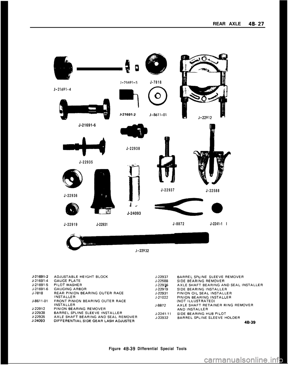 OPEL MANTA 1973 Service Manual IREAR AXLE48.27J-21691-6
J-22935
J-22936
J-22919J-22931J-8872J-2241-1 I J-7818
J-22938J-24093
J-22937
J-22588Figure
48.39 Differential Special Tools OPEL MANTA 1973 Service Manual IREAR AXLE48.27J-21691-6
J-22935
J-22936
J-22919J-22931J-8872J-2241-1 I J-7818
J-22938J-24093
J-22937
J-22588Figure
48.39 Differential Special Tools