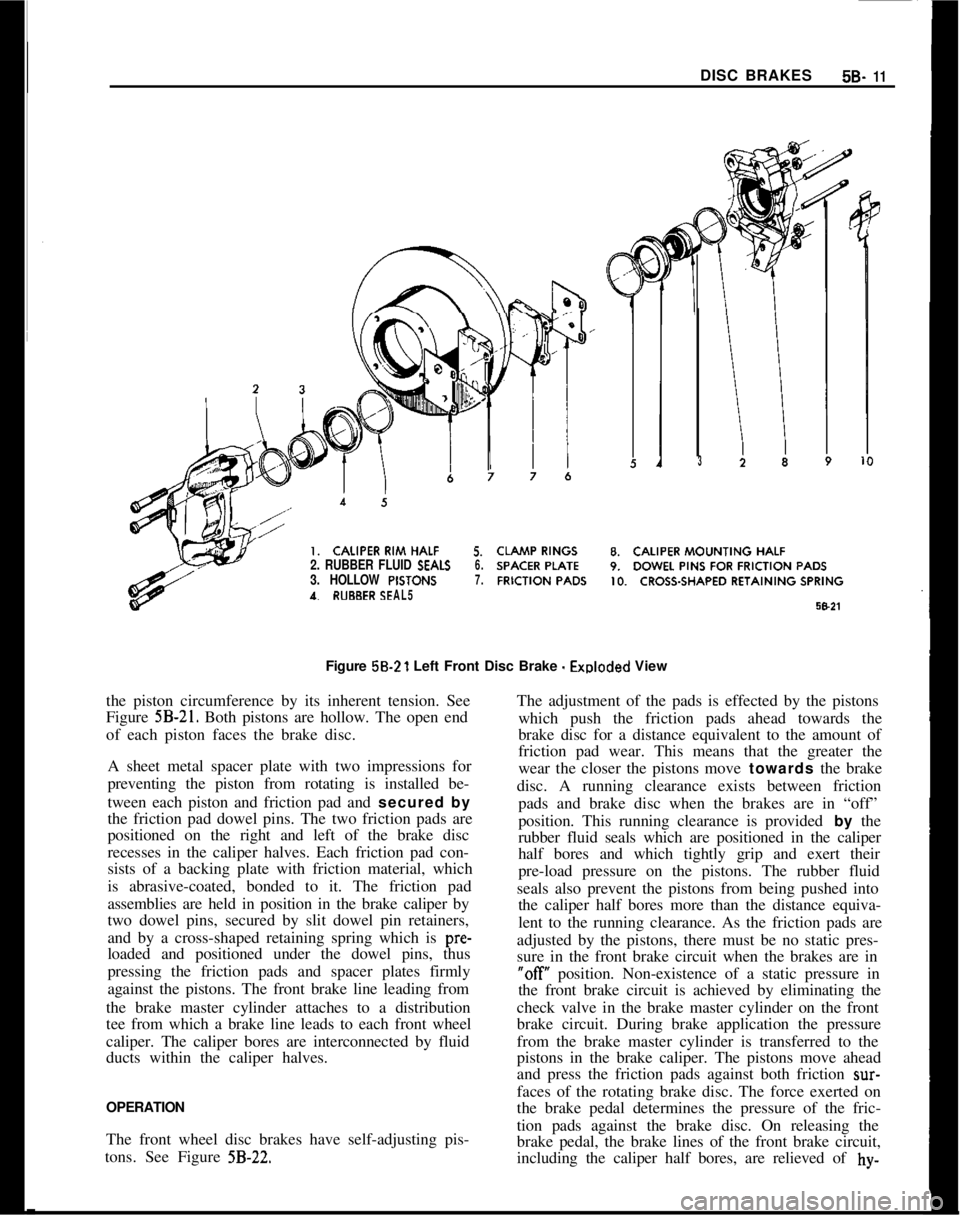 OPEL MANTA 1973  Service Manual DISC BRAKES5B- 11
rLF 5.2. RUBBER FLUID SEALS6.3. HOLLOW PISTONS7.
AL5
3Figure 58.21 Left Front Disc Brake 
- Emloded View
the piston circumference by its inherent tension. See
Figure 
5B-21. Both pis