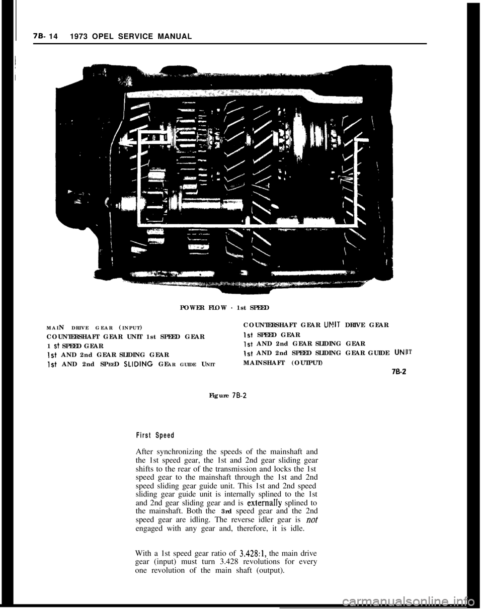 OPEL MANTA 1973 Service Manual 7B- 141973 OPEL SERVICE MANUAL
POWER FLOW - 1st SPEED
MAIN DRIVE GEAR (INPUT)
COUNTERSHAFT GEAR UNIT 1st SPEED GEAR
1 st SPEED GEAR
1st AND 2nd GEAR SLIDING GEAR1st AND 2nd SPEED SLIDING GEAR GUIDE UN OPEL MANTA 1973 Service Manual 7B- 141973 OPEL SERVICE MANUAL
POWER FLOW - 1st SPEED
MAIN DRIVE GEAR (INPUT)
COUNTERSHAFT GEAR UNIT 1st SPEED GEAR
1 st SPEED GEAR
1st AND 2nd GEAR SLIDING GEAR1st AND 2nd SPEED SLIDING GEAR GUIDE UN