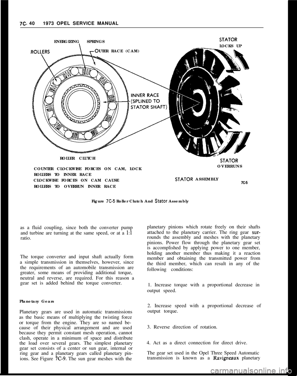 OPEL MANTA 1973 Service Manual 7C- 401973 OPEL SERVICE MANUAL
ENERGIZING SPRINGS
UTER RACE (CAM)
ROLLER CLUTCHSTATOR
LOCKS UPSTATOR
COUNTER CLOCKWISE FORCES ON CAM, LOCKOVERRUNS
ROLLERS TO INNER RACE
CLOCKWISE FORCES ON CAM CAUSEST OPEL MANTA 1973 Service Manual 7C- 401973 OPEL SERVICE MANUAL
ENERGIZING SPRINGS
UTER RACE (CAM)
ROLLER CLUTCHSTATOR
LOCKS UPSTATOR
COUNTER CLOCKWISE FORCES ON CAM, LOCKOVERRUNS
ROLLERS TO INNER RACE
CLOCKWISE FORCES ON CAM CAUSEST
