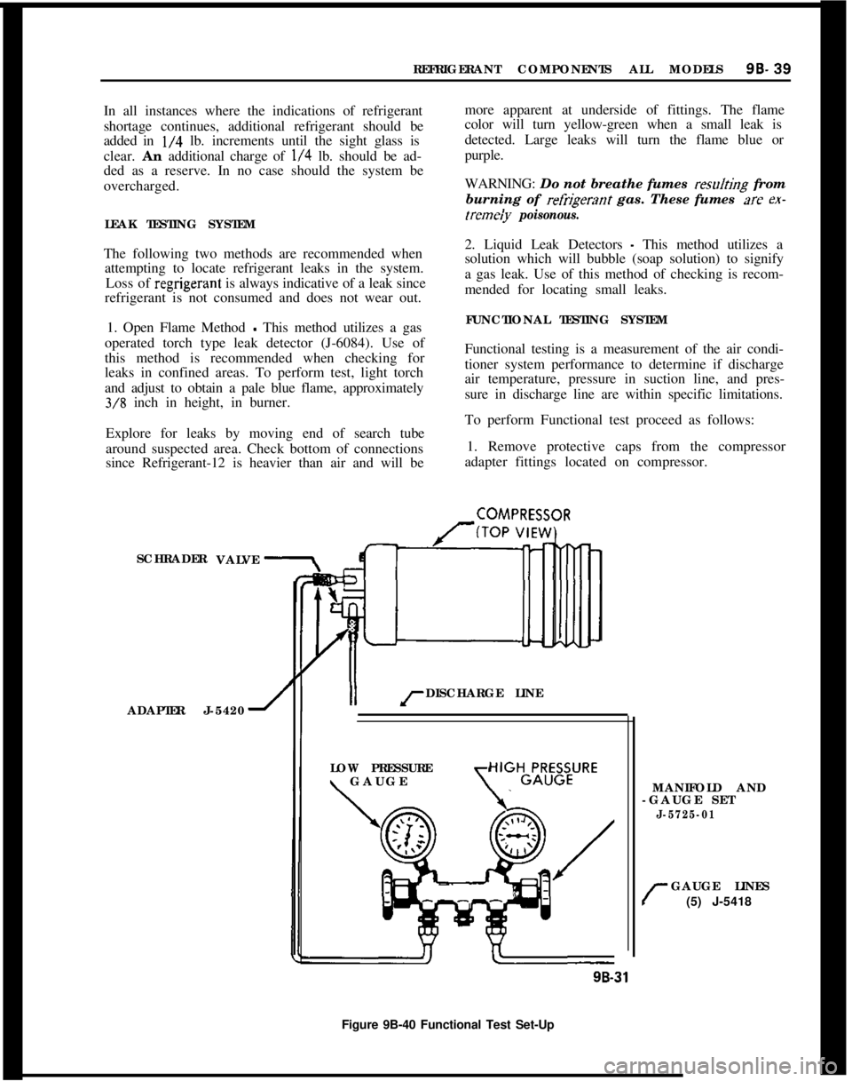 OPEL MANTA 1973  Service Manual REFRIGERANT COMPONENTS ALL MODELS96-39
In all instances where the indications of refrigerant
shortage continues, additional refrigerant should be
added in 
l/4 lb. increments until the sight glass is
