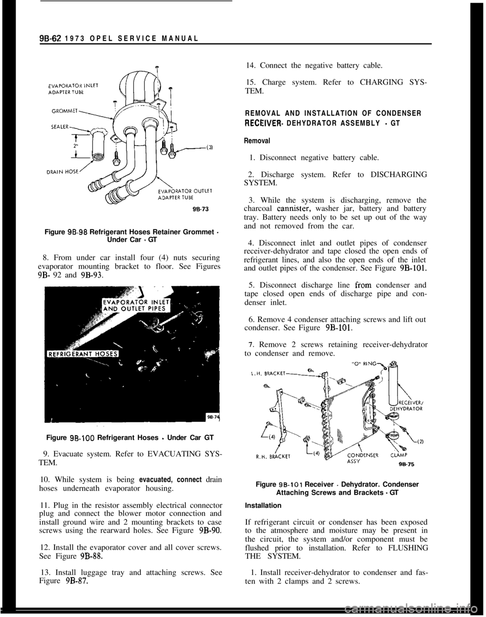 OPEL MANTA 1973  Service Manual 98-62 1973 OPEL SERVICE MANUAL
Figure 98.99 Refrigerant Hoses Retainer Grommet 
-Under Car - GT
8. From under car install four (4) nuts securing
evaporator mounting bracket to floor. See Figures9B- 92