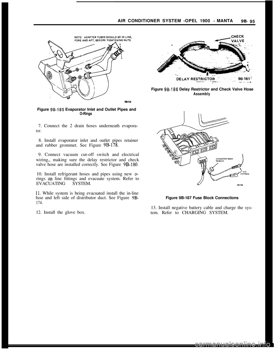 OPEL MANTA 1973  Service Manual AIR CONDITIONER SYSTEM -OPEL 1900 - MANTA9B- 95
Figure 96.185  Evaporator Inlet and Outlet Pipes andO-Rings
7. Connect the 2 drain hoses underneath evapora-
tor.
8. Install evaporator inlet and outlet